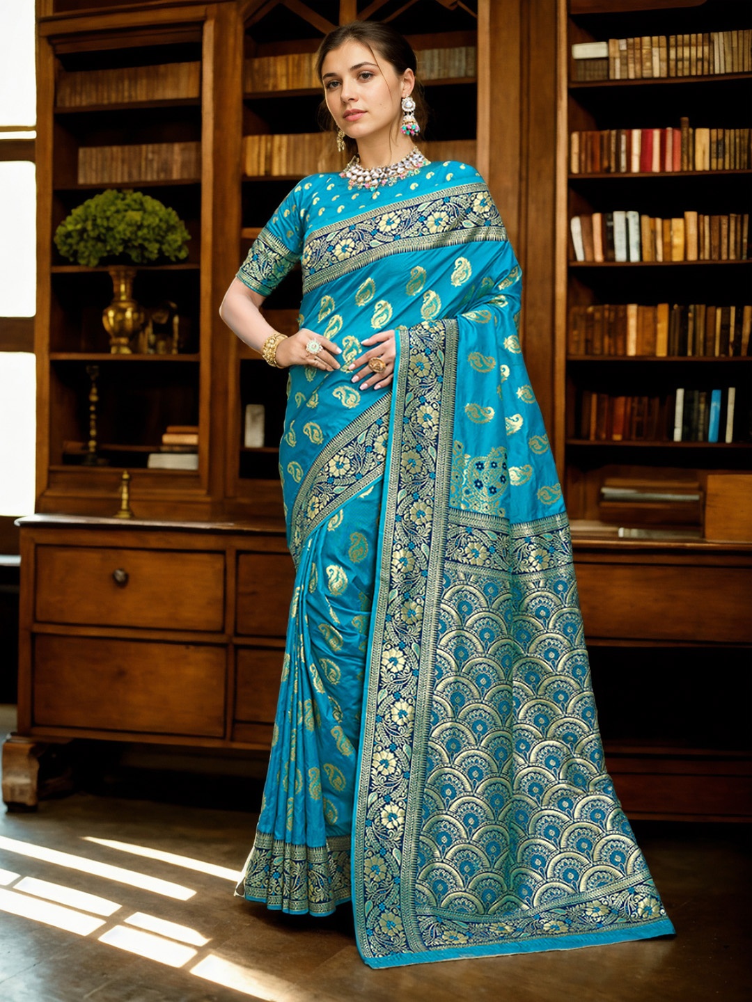 

Anouk Turquoise Blue & Gold Toned Woven Design Zari Art Silk Paithani Saree