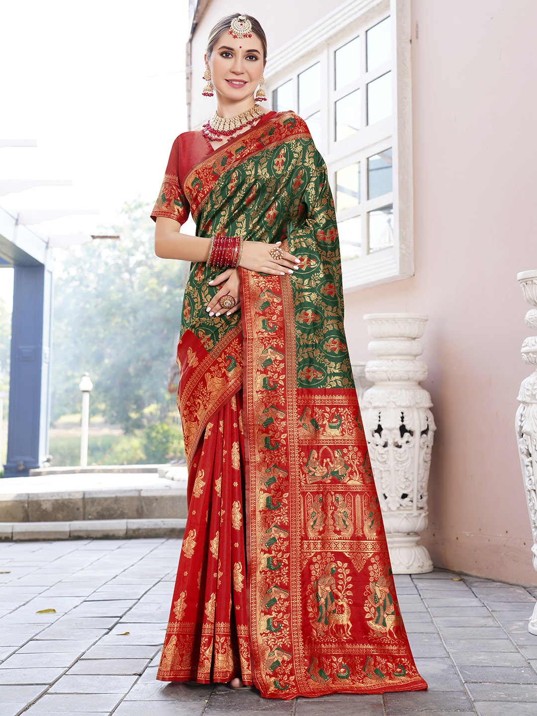 

Anouk Ethnic Motifs Woven Design Kanjeevaram Saree, Green