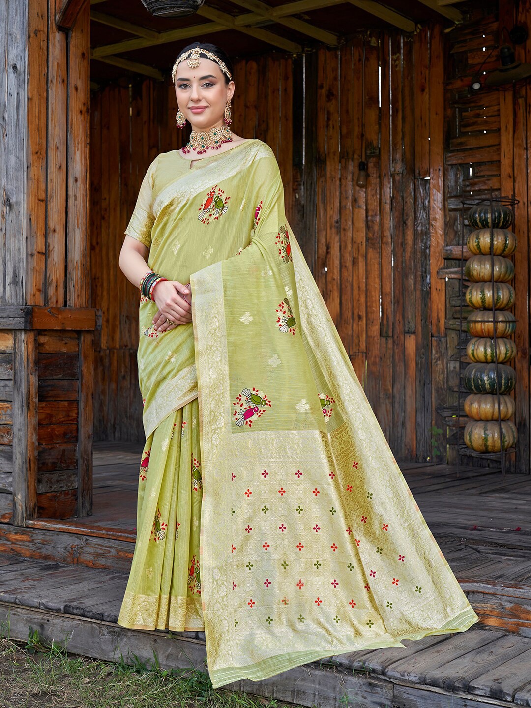 

Anouk Ethnic Motifs Woven Design Zari Pure Linen Saree, Lime green