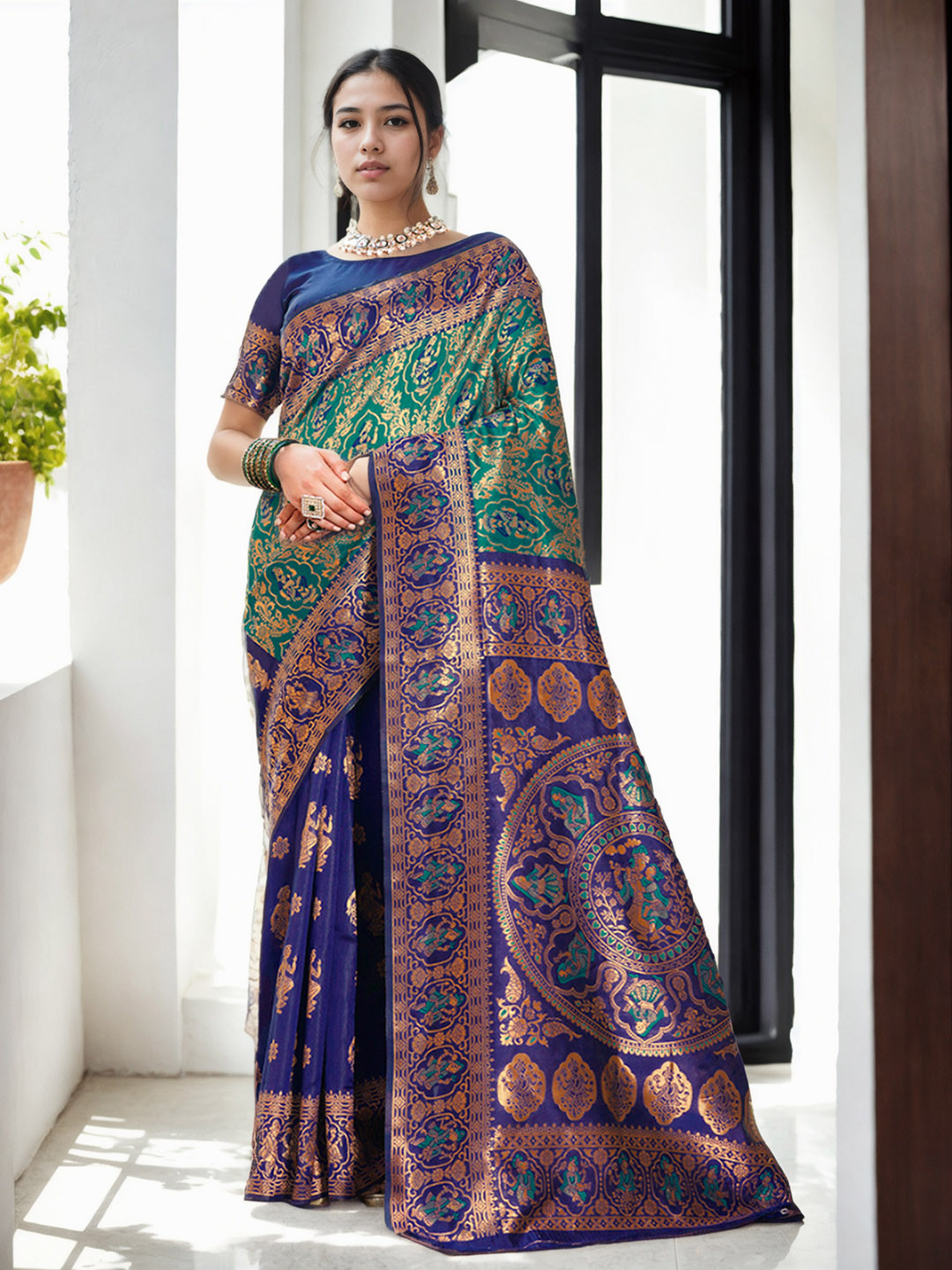 

Anouk Ethnic Motifs Woven Design Zari Kanjeevaram Saree, Blue