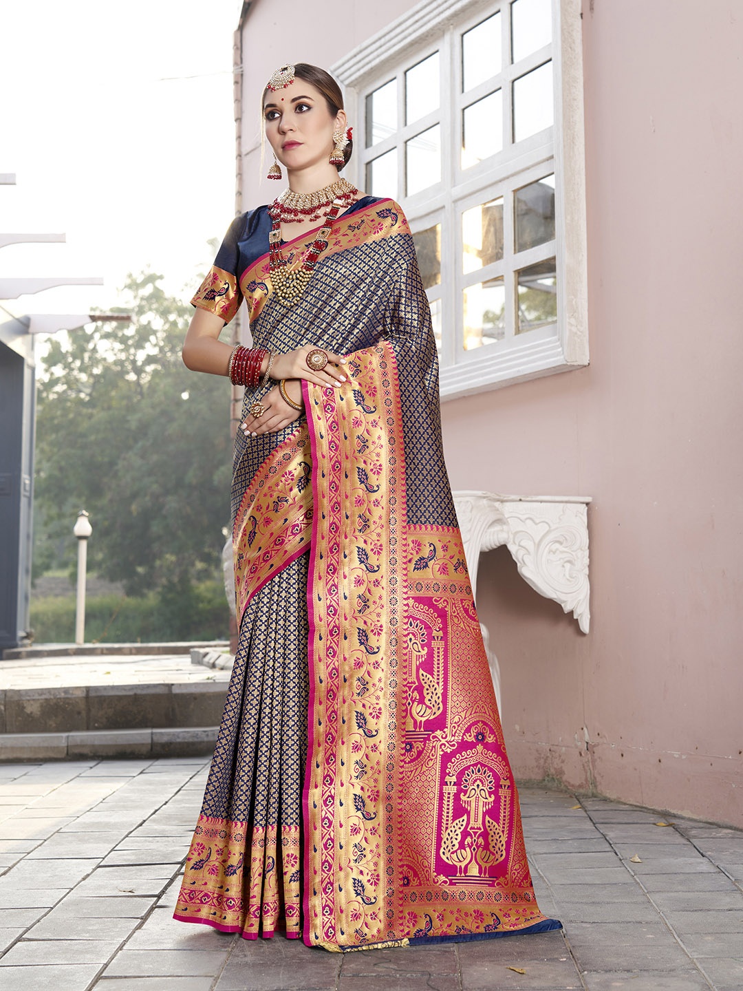 

Anouk Ethnic Motifs Woven Design Zari Kanjeevaram Saree, Navy blue