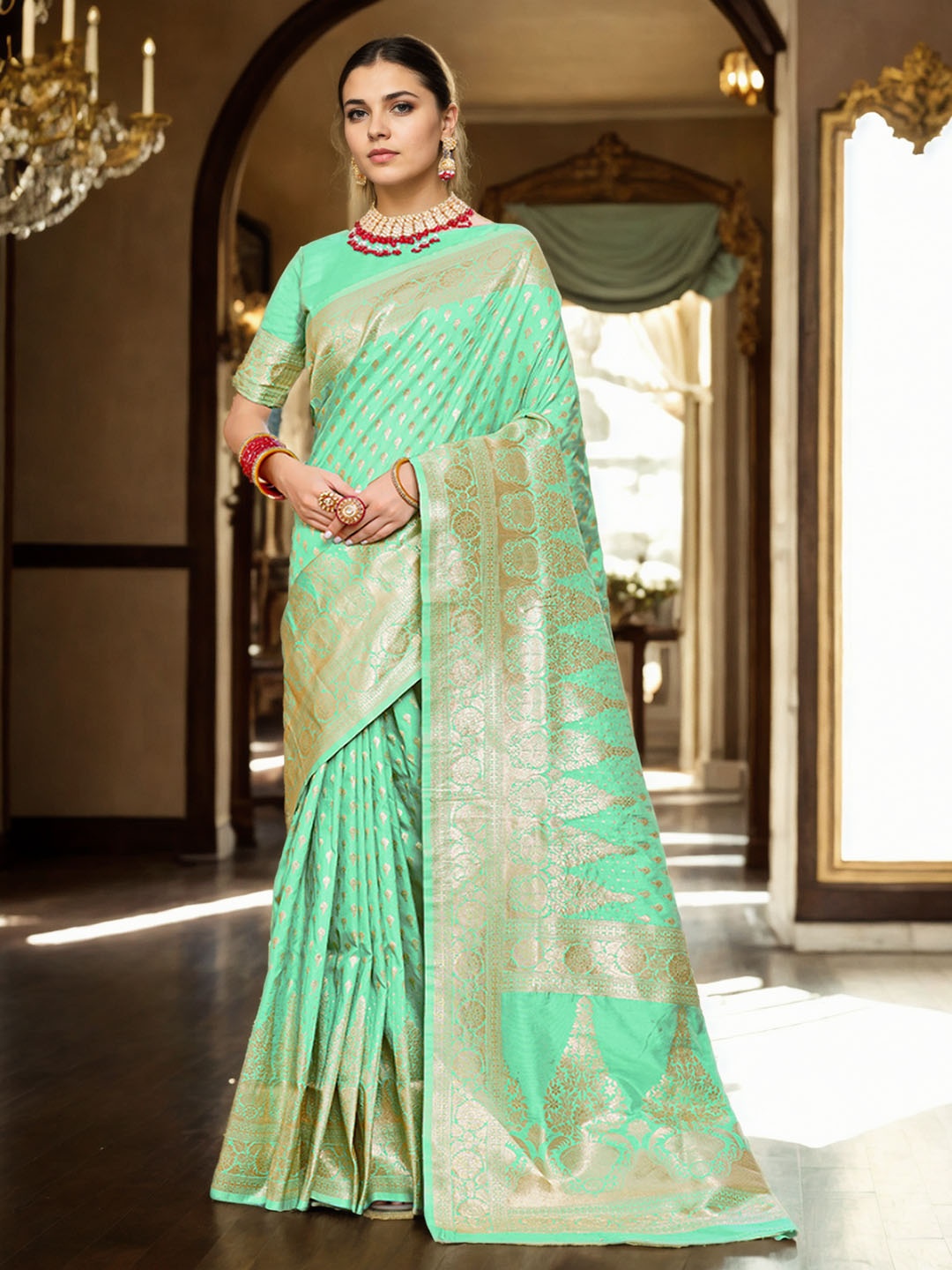 

Anouk Ethnic Motifs Woven Design Zari Banarasi Saree, Green