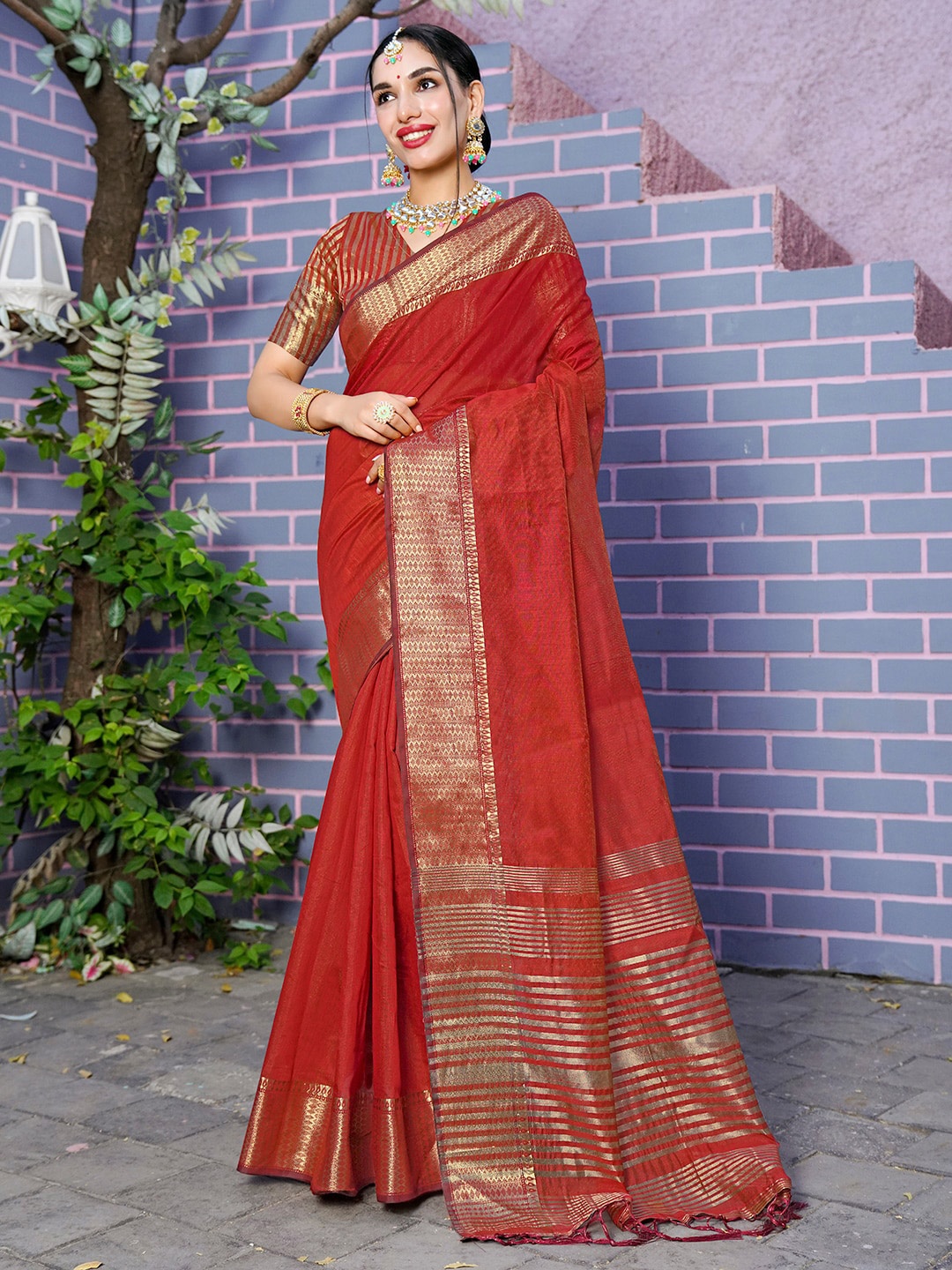 

Anouk Rustic Striped Zari Organza Saree, Red