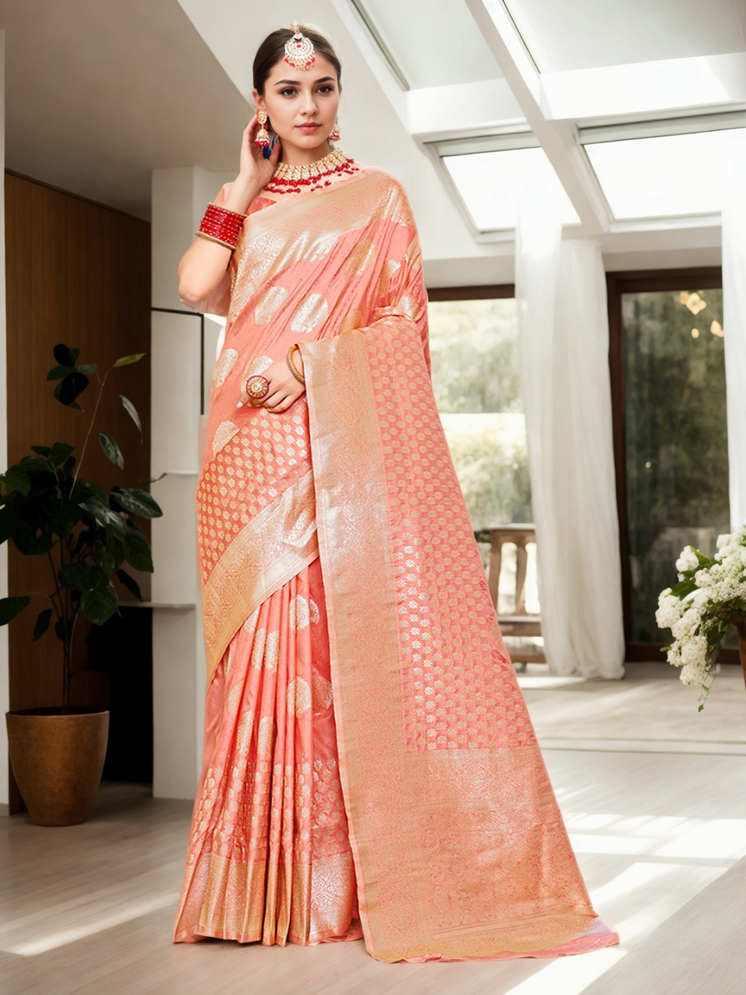 

Anouk Ethnic Motifs Woven Design Zari Banarasi Saree, Peach