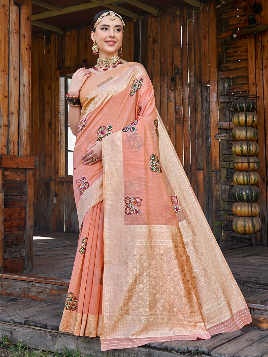 

Anouk Ethnic Motifs Woven Design Zari Pure Linen Saree, Peach