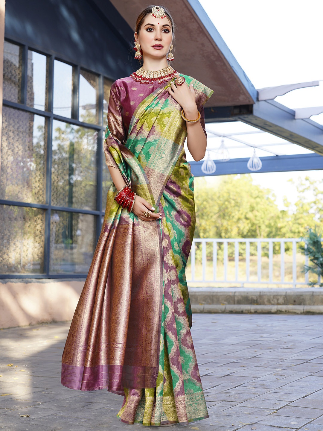 

Anouk Abstract Woven Design Zari Organza Saree, Green