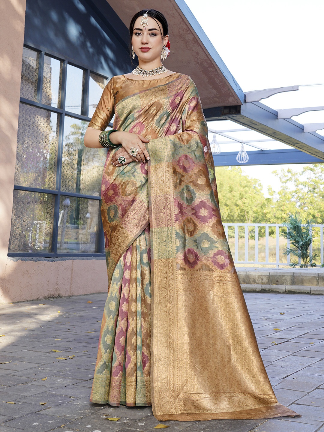 

Anouk Pink & Green Woven Design Ethnic Motifs Zari Organza Saree