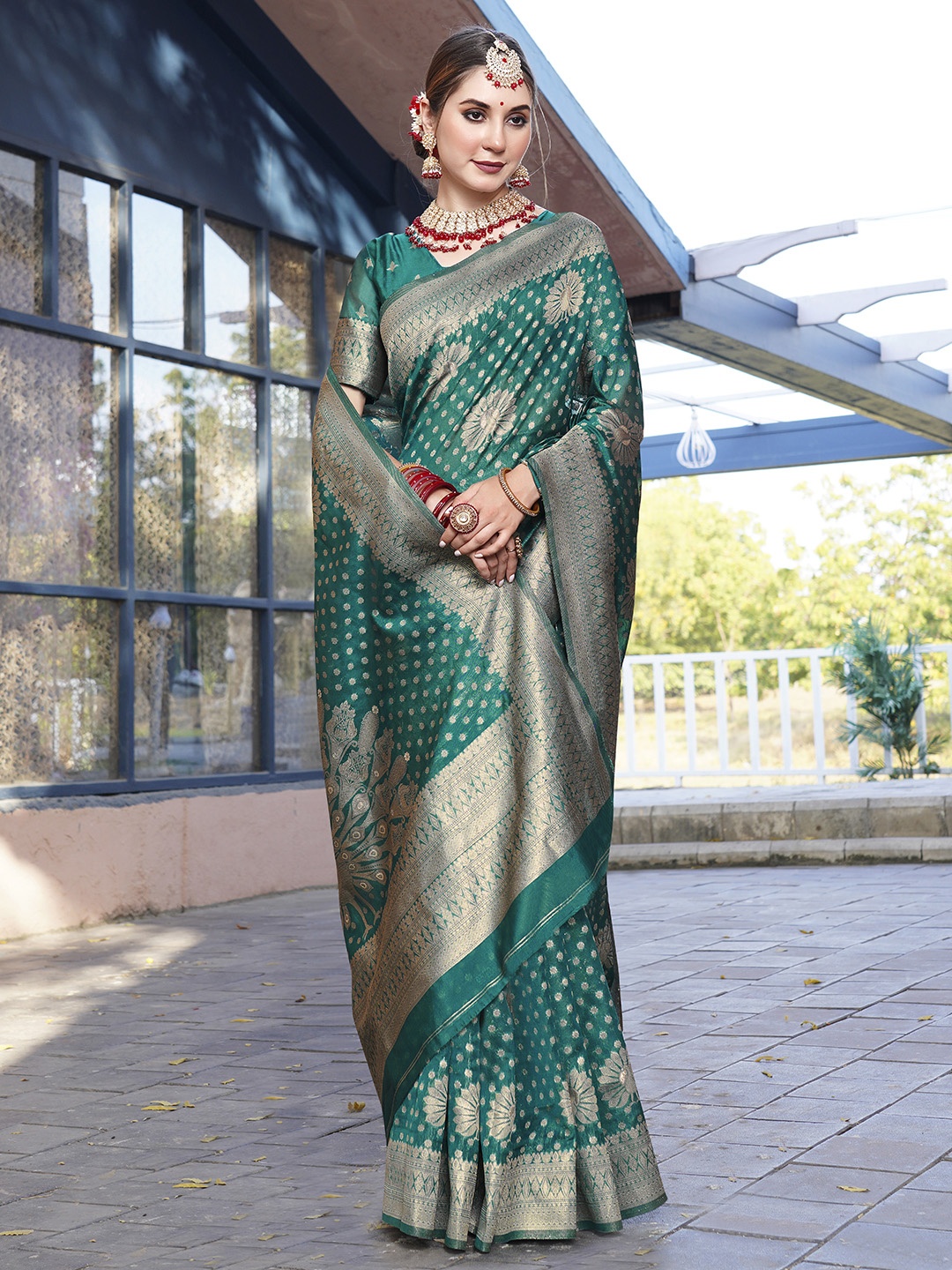 

Anouk Turquoise Blue & Gold Toned Woven Design Floral Art Silk Designer Banarasi Saree