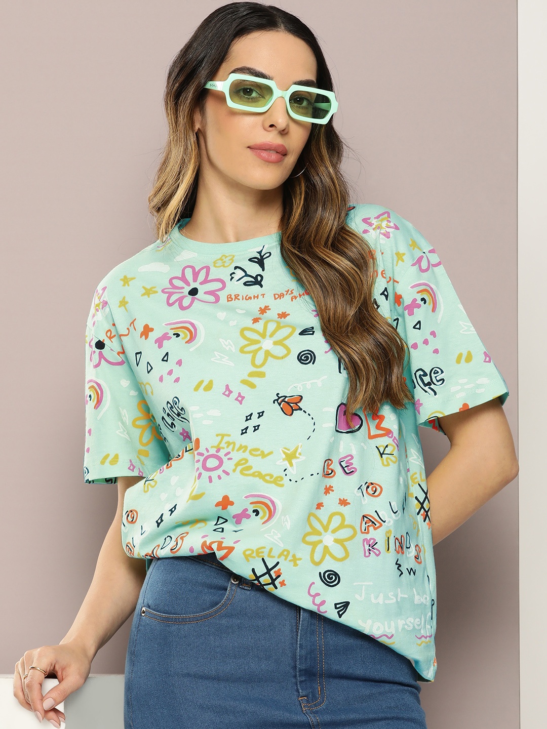 

Kook N Keech Conversational Printed Drop-Shoulder Sleeves T-shirt, Sea green