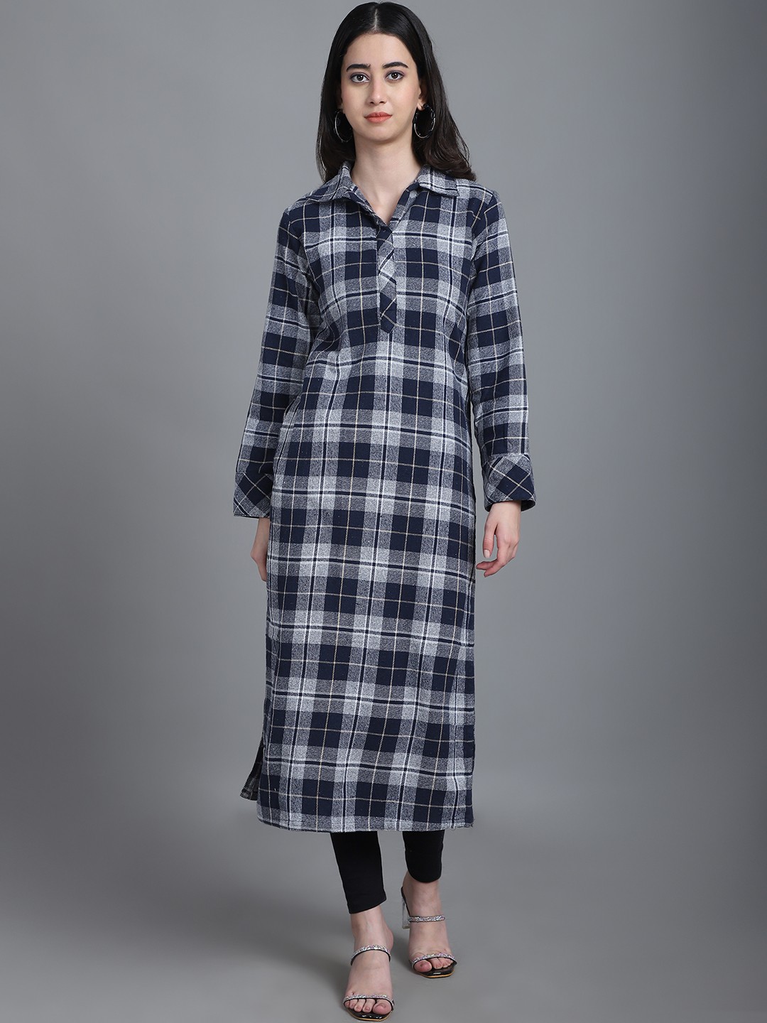 

Enchanted Drapes Checked Shirt Collar Straight Kurta, Navy blue