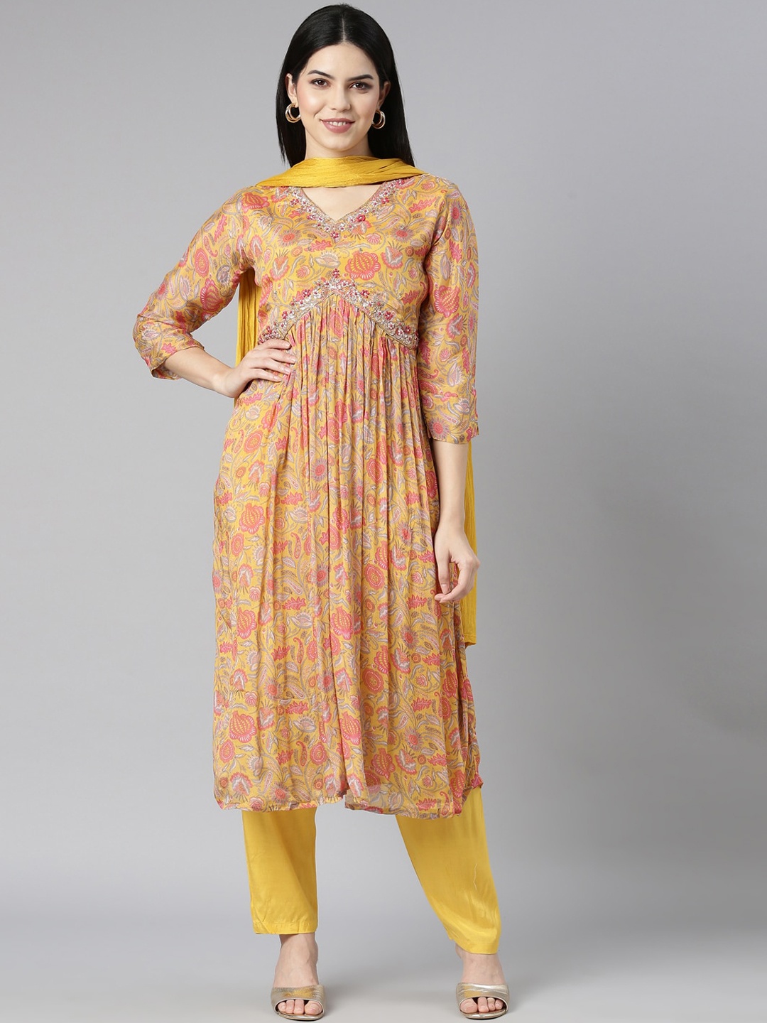 

Neerus Floral Printed Regular Beads And Stones Silk Chiffon Kurta With Trouser & Dupatta, Mustard