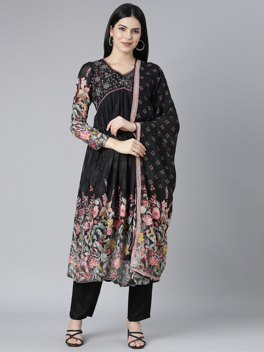 

Neerus Floral Printed Pleated Thread Work Silk Chiffon Kurta with Trousers & With Dupatta, Black