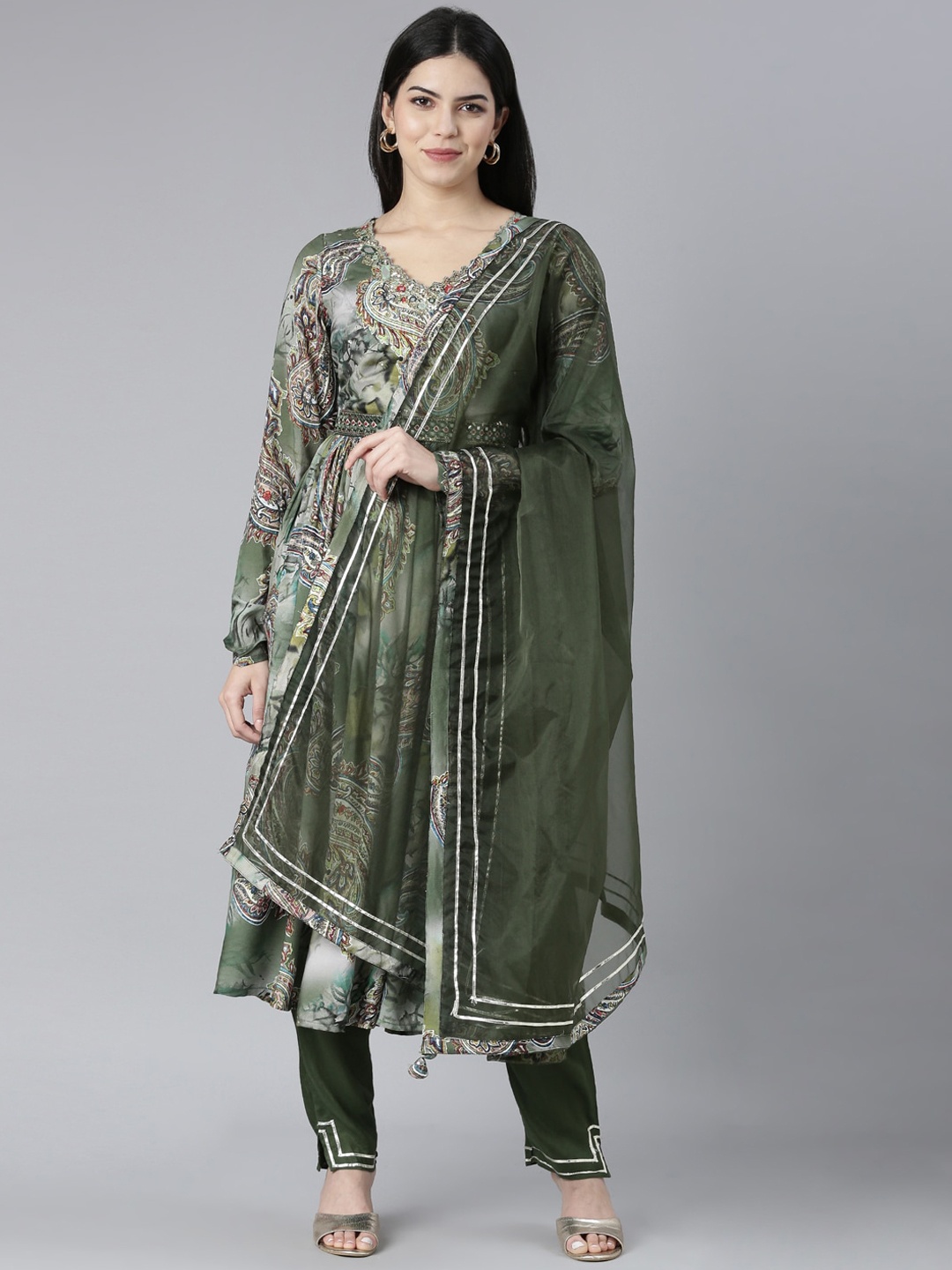 

Neerus Paisley Printed Regular Aari Work Kurta With Trouser & Dupatta, Olive