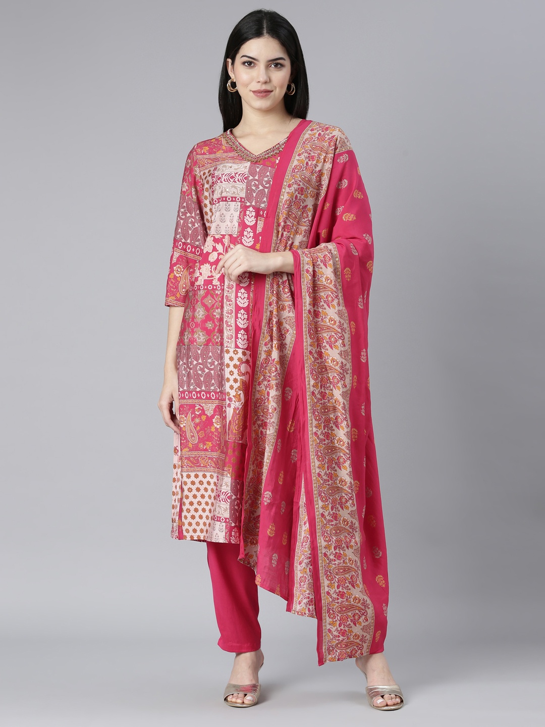 

Neerus Printed Regular Sequinned Pure Cotton Kurta with Trousers & Dupatta, Pink
