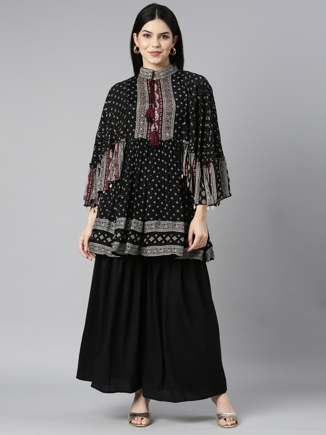 

Neerus Floral Printed Regular Silk Crepe Kurti with Sharara, Black