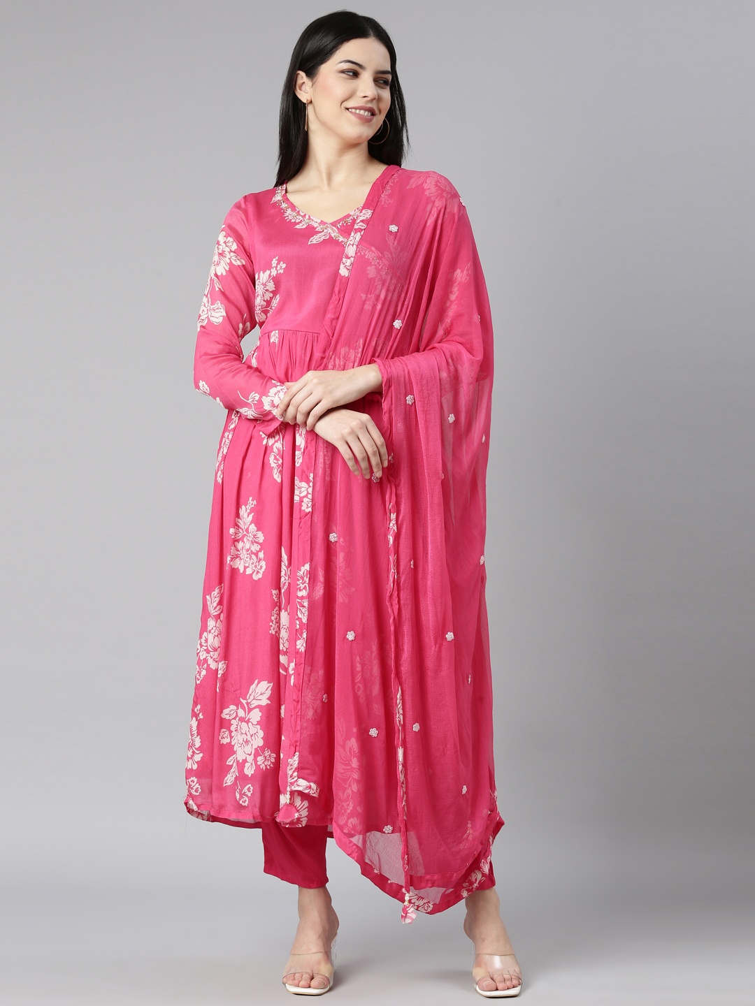 

Neerus Floral Printed Beads and Stones Anarkali Kurta & Trousers with Dupatta, Pink