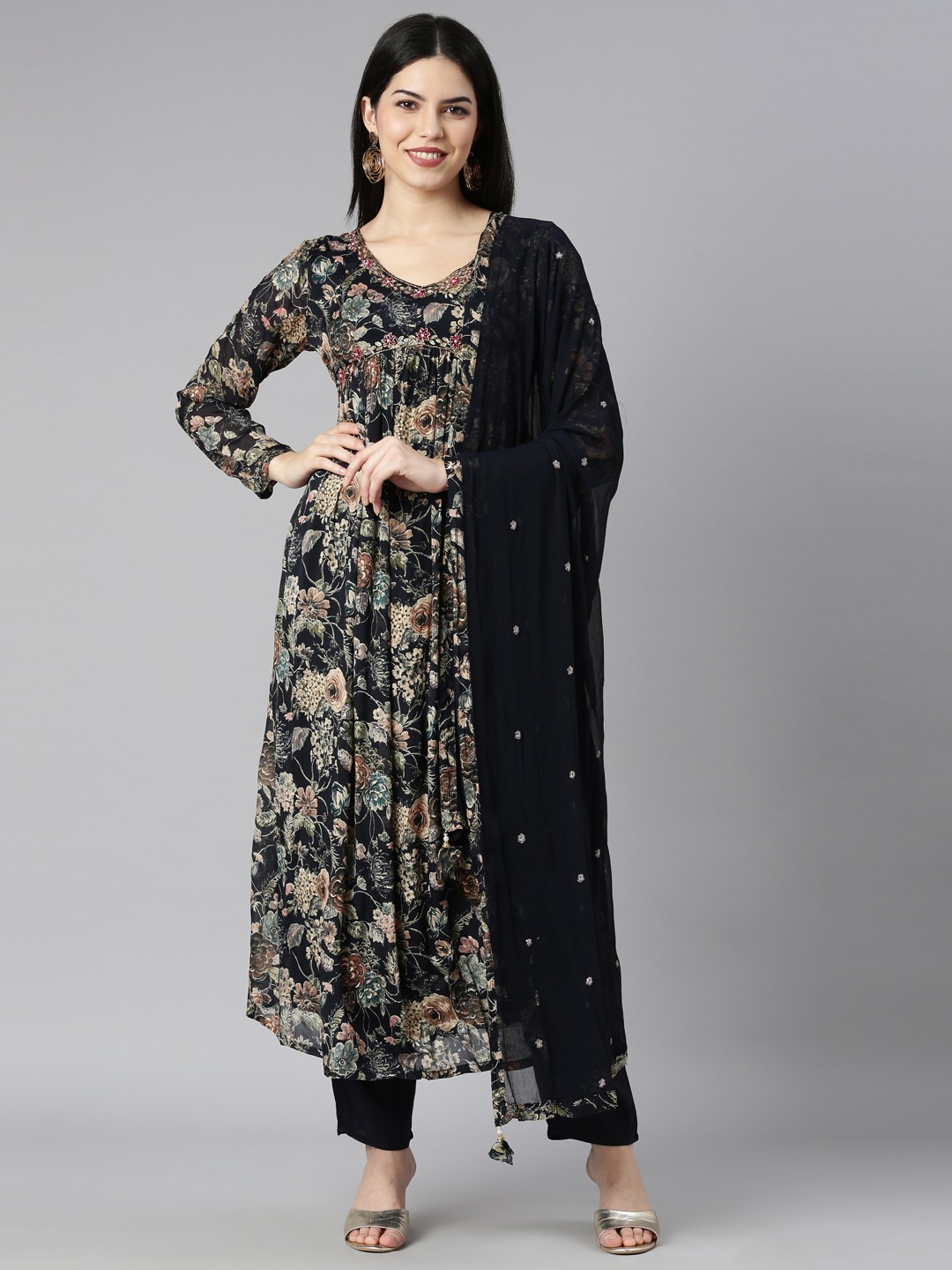 

Neerus Floral Printed Pleated Sequinned Silk Crepe Kurta with Trousers & With Dupatta, Navy blue