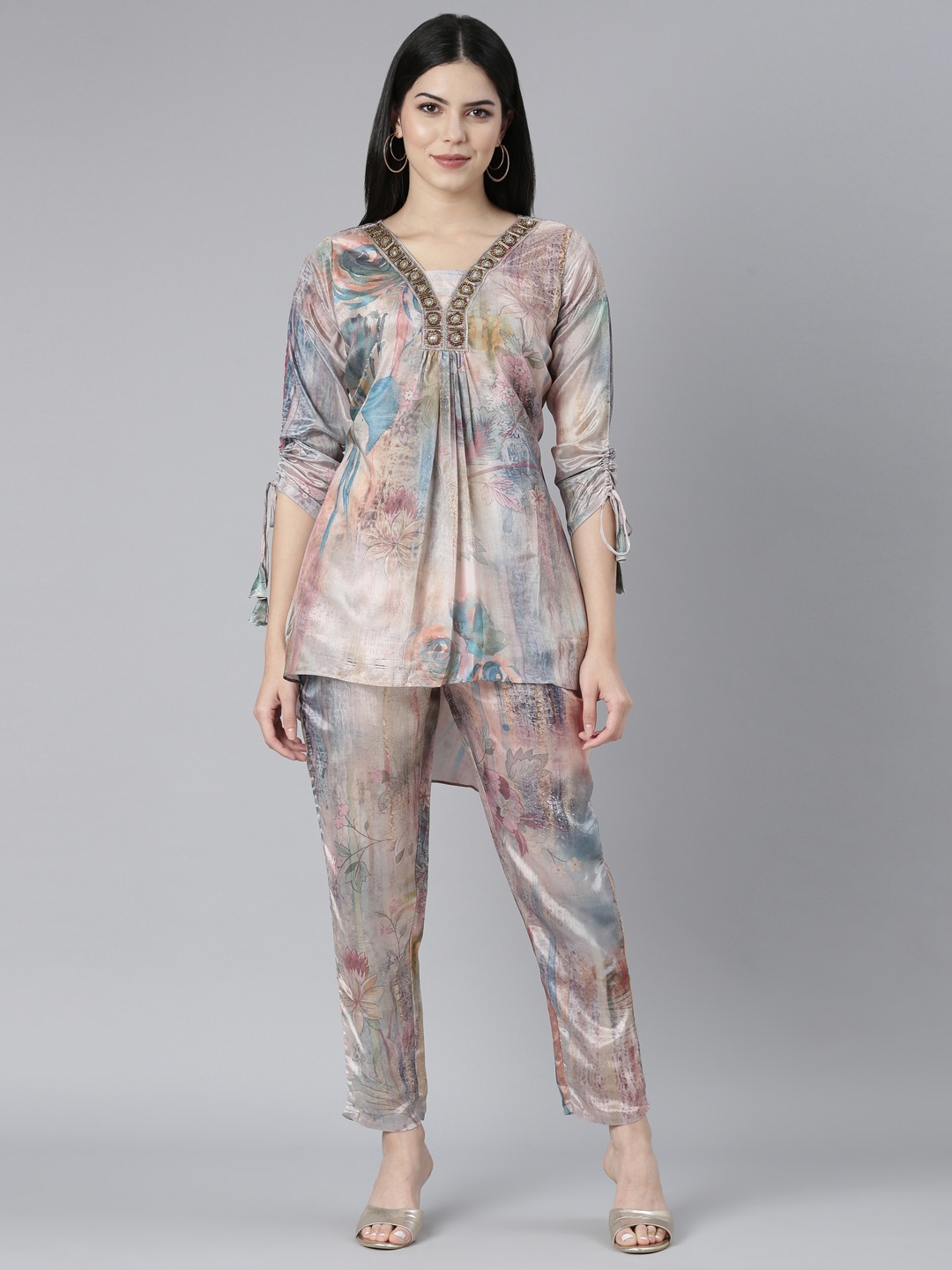 

Neerus Floral Printed Regular Beads and Stones Silk Crepe Top with Trousers, Multi