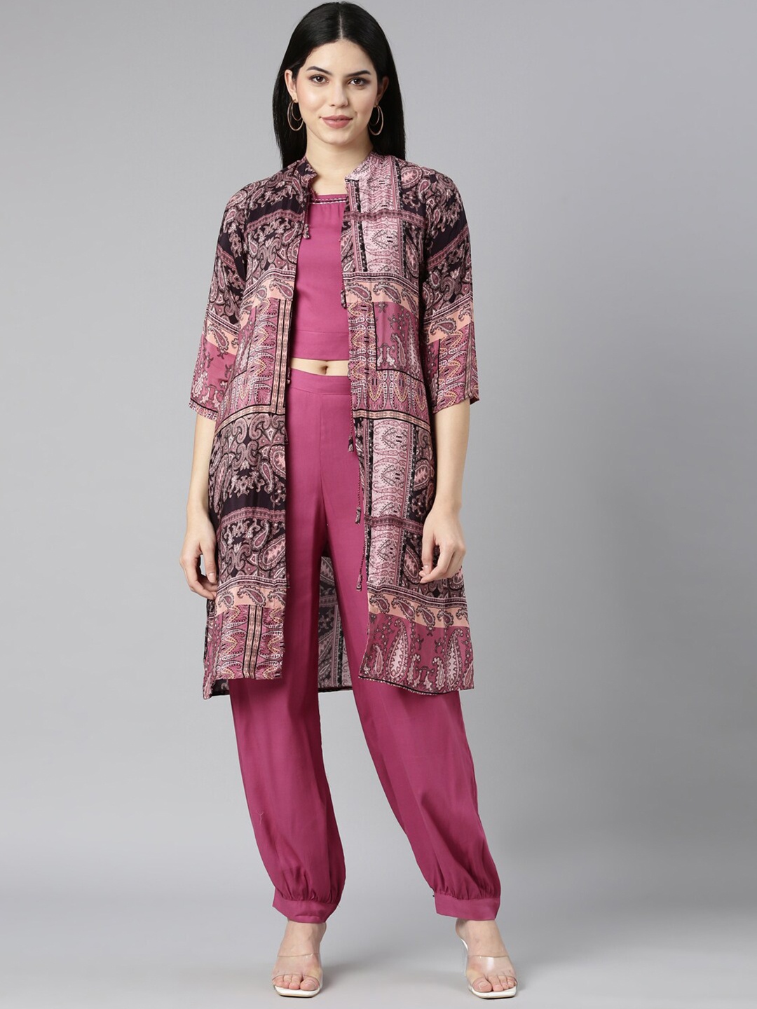 

Neerus Printed Top With Trouser & Jacket Co-Ords Set, Pink
