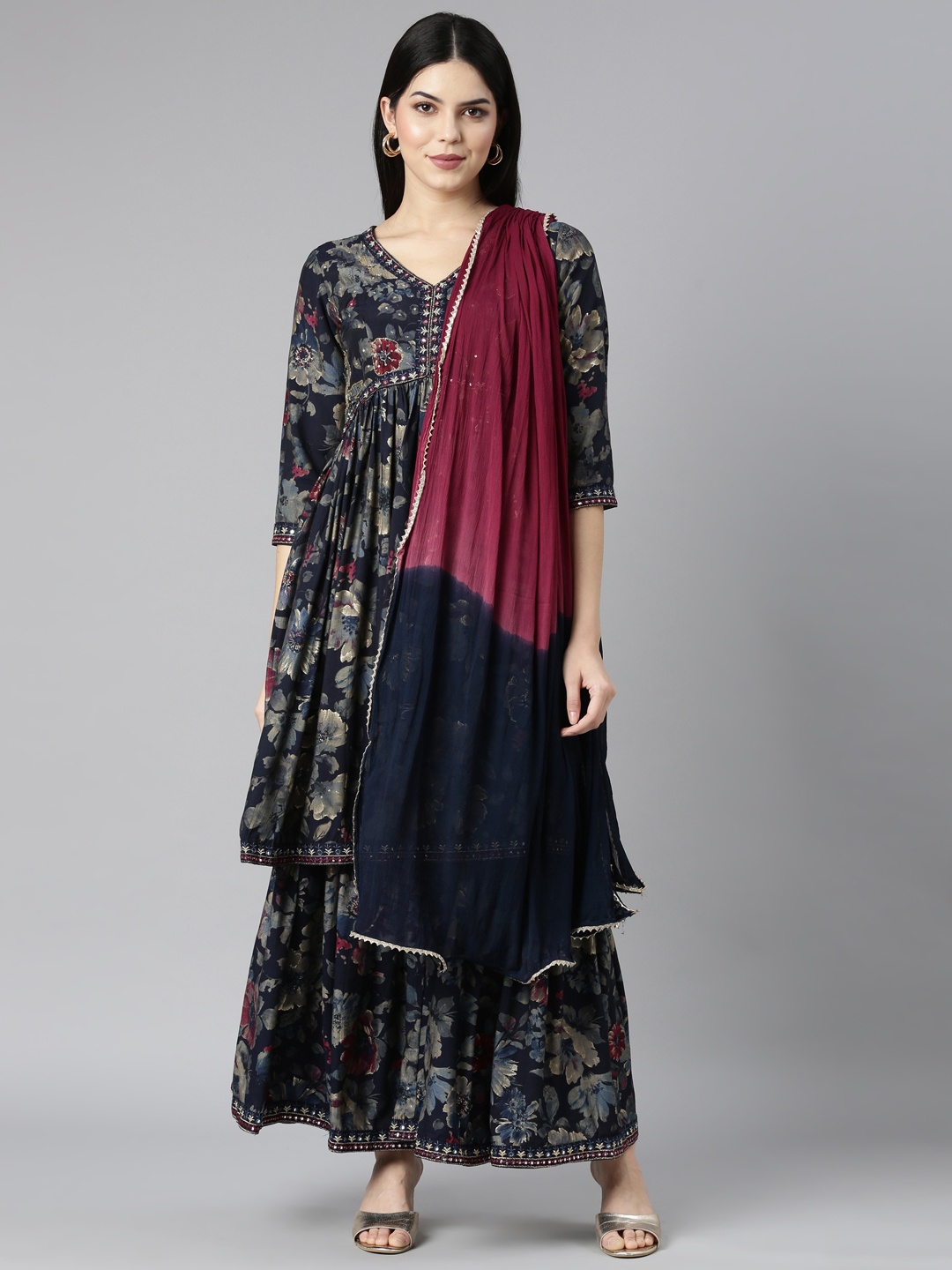 

Neerus Floral Printed Regular Mirror Work Kurta with Sharara & With Dupatta, Navy blue