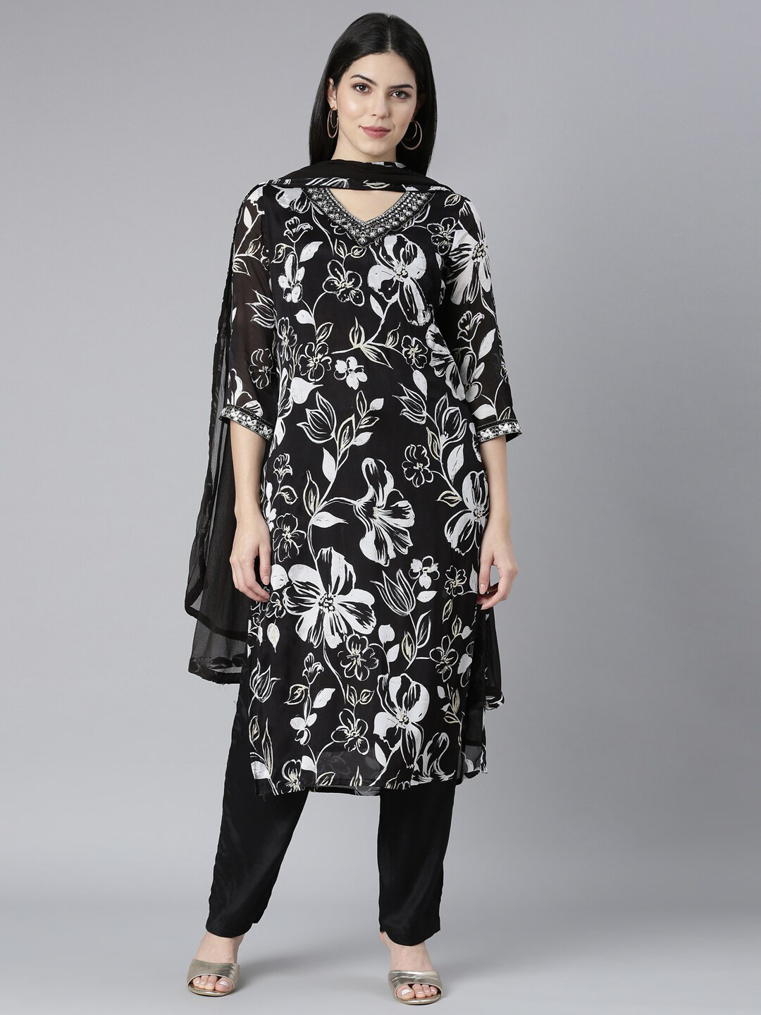 

Neerus V Neck Floral Printed Mirror Work Straight Kurta with Trousers & Dupatta, Black
