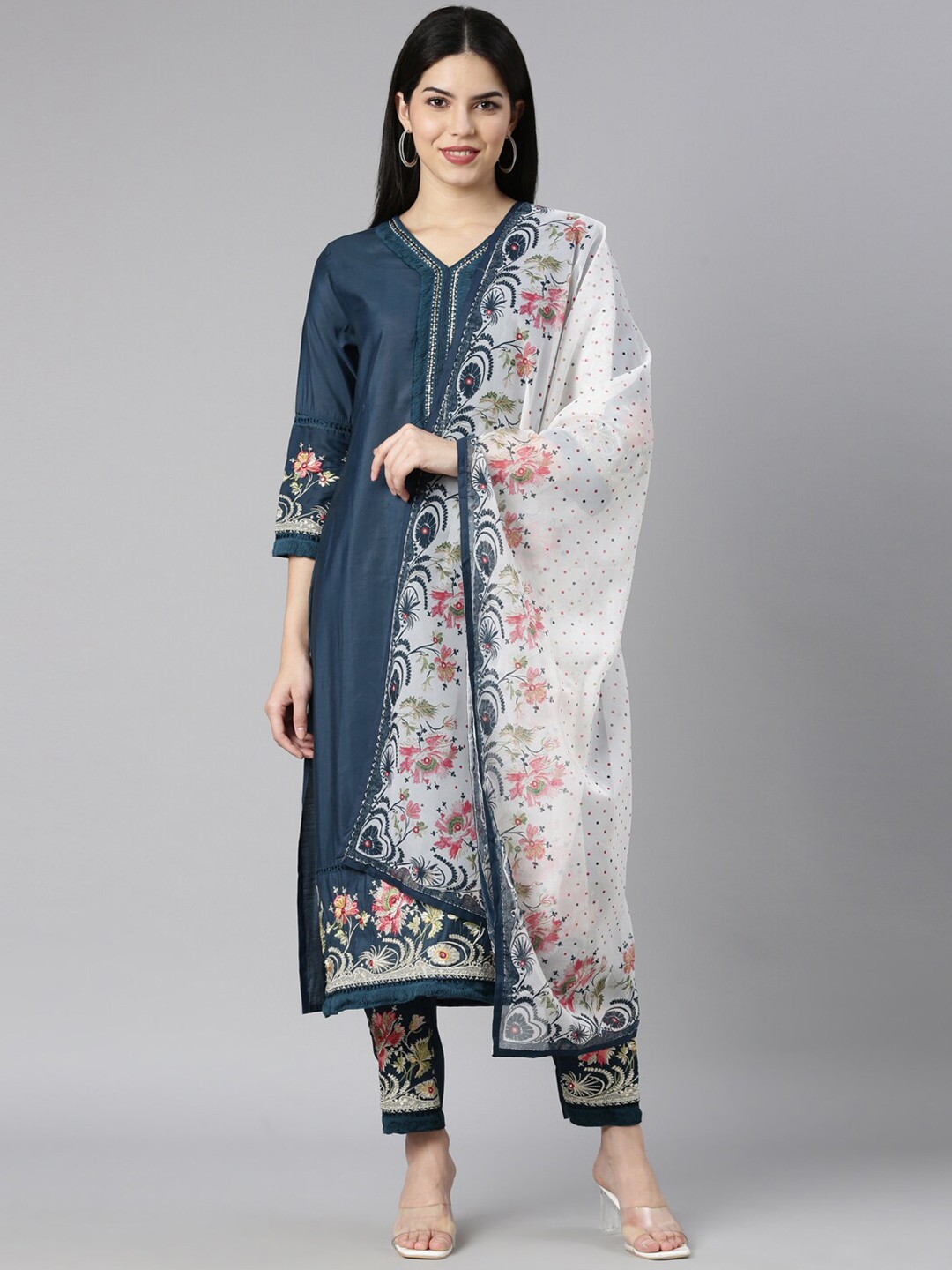 

Neerus V Neck Straight Patchwork Kurta with Trousers & Dupatta, Blue
