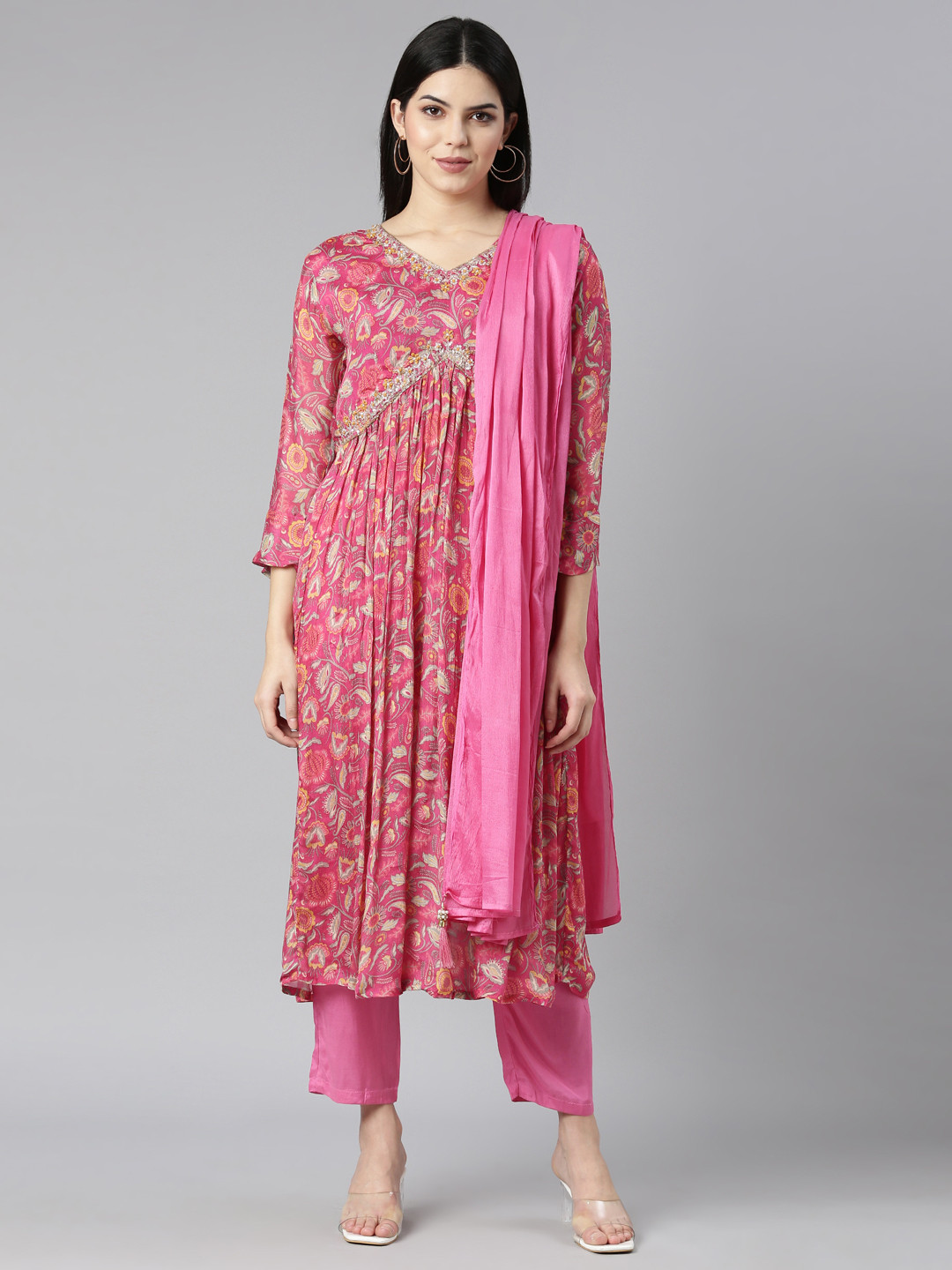 

Neerus Floral Printed Empire Beads and Stones Silk Chiffon Kurta with Trousers & Dupatta, Pink