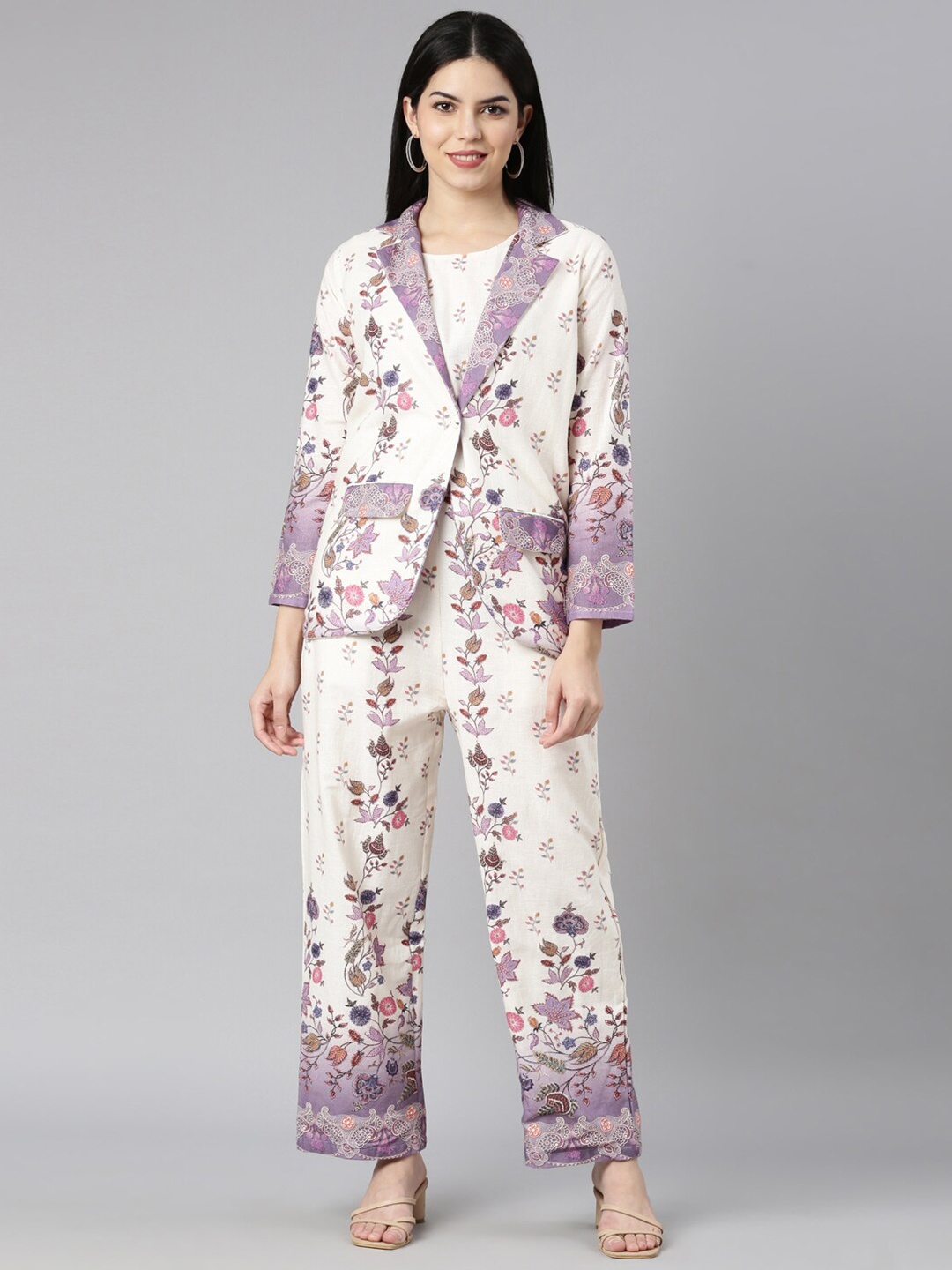 

Neerus Sleeveless Printed Top With Trouser & Jacket Co-Ords Set, Lavender