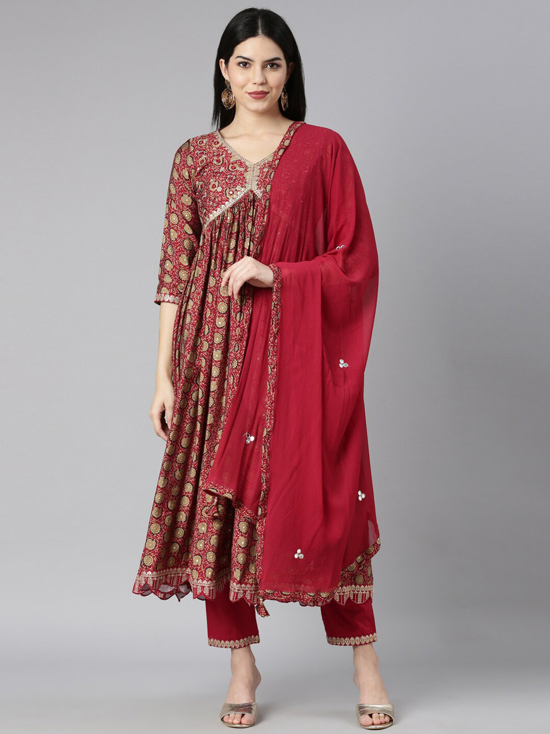 

Neerus V Neck Floral Printed Pleated Mirror Work Pure Cotton Kurta with Trousers & Dupatta, Maroon