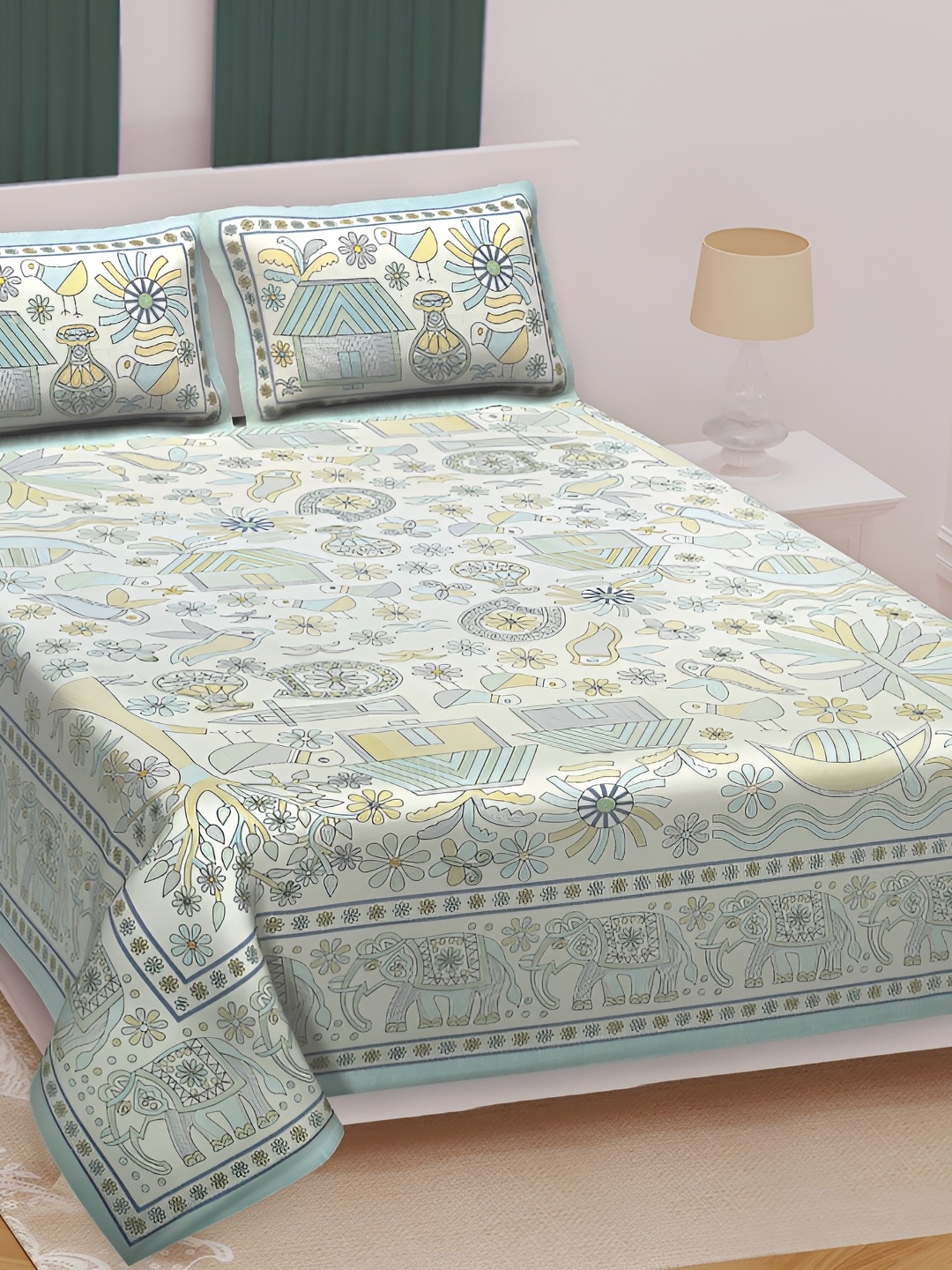 

Texstylers Green & White Kantha Printed Cotton 210 TC King Bedsheet With 2 Pillow Covers