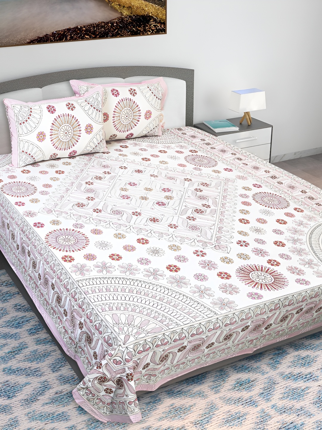 

Texstylers Pink & White Printed Cotton 210 TC Double King Bedsheet with 2 Pillow Covers