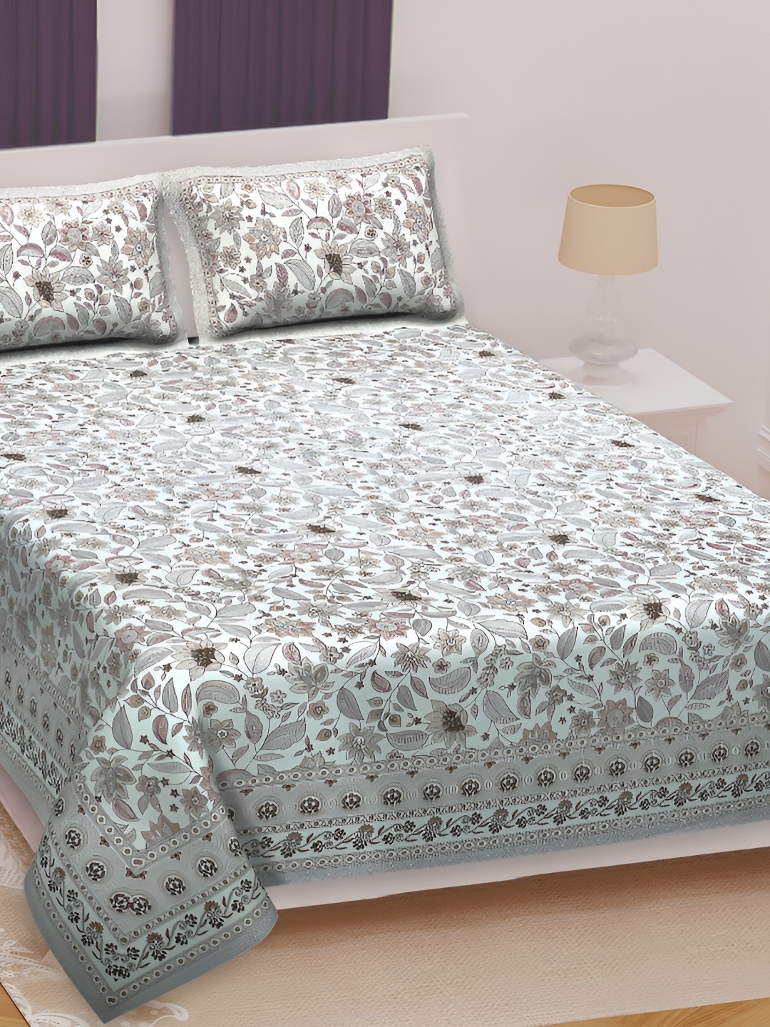 

Texstylers Grey & Green Floral 210 TC King Bedsheet with 2 Pillow Covers