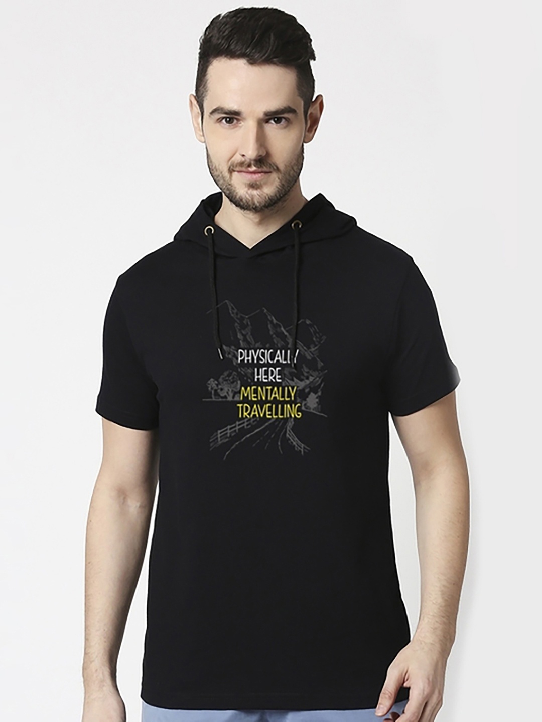 

Bewakoof Typography Printed Hooded Short Sleeves Pure Cotton Regular T-shirt, Black