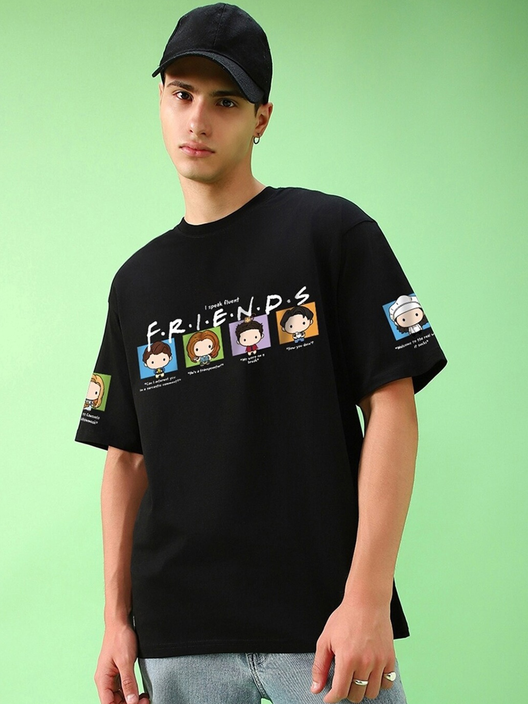 

Bewakoof Friends Printed Drop-Shoulder Sleeves Oversized Pure Cotton T-shirt, Black