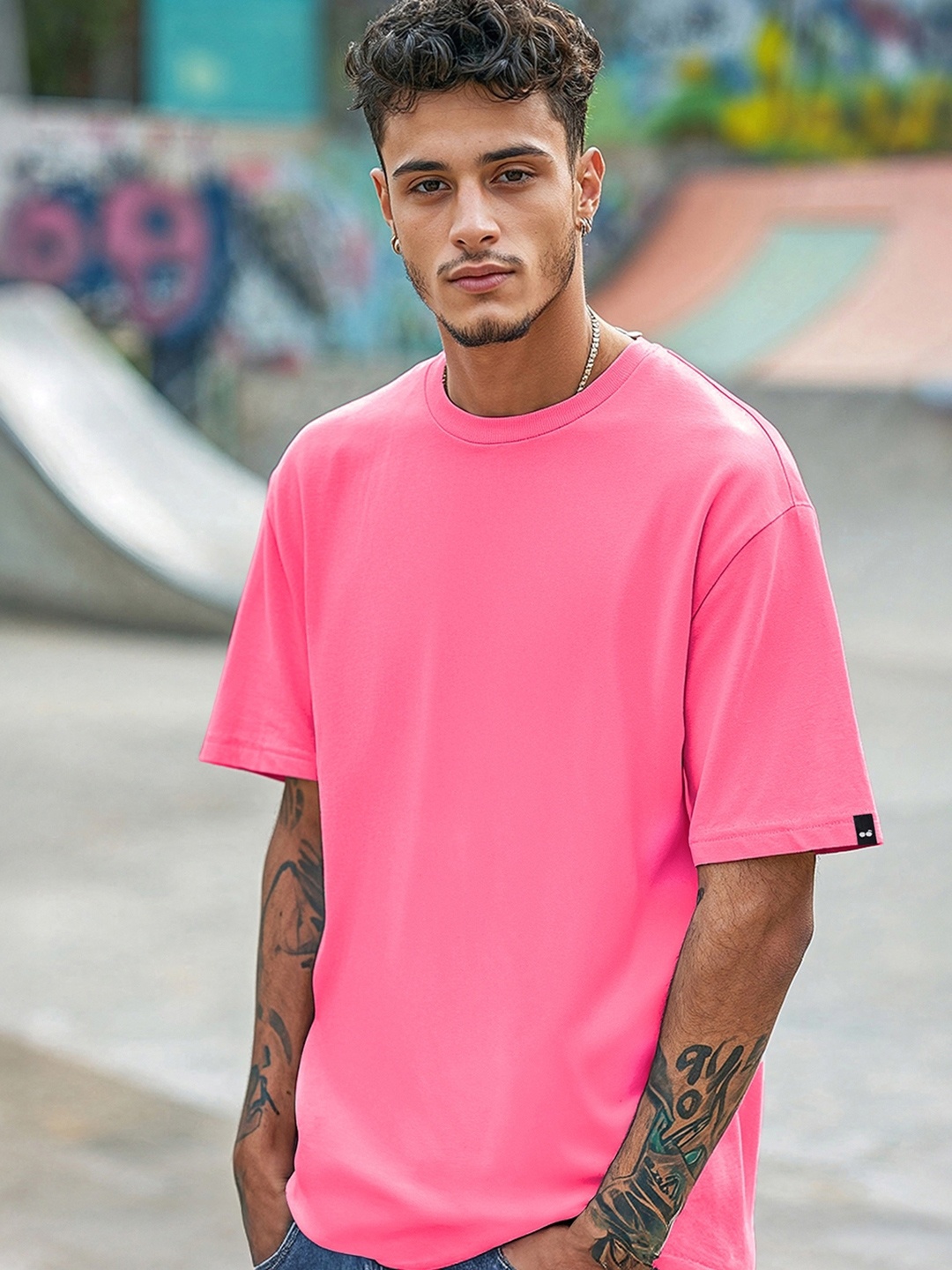 

Bewakoof Round Neck Short Drop Shoulder Sleeves Cotton Oversized T-shirt, Pink