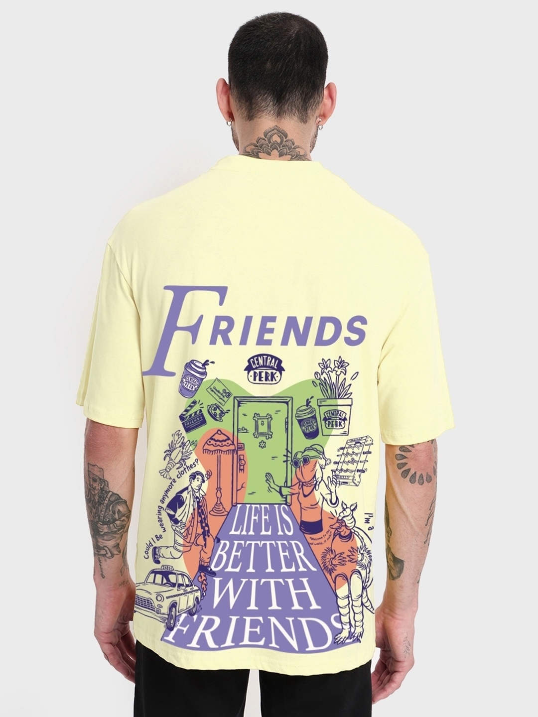 

Bewakoof People & Places Printed Round Neck Drop-Shoulder Sleeves Cotton Oversized T-shirt, Yellow