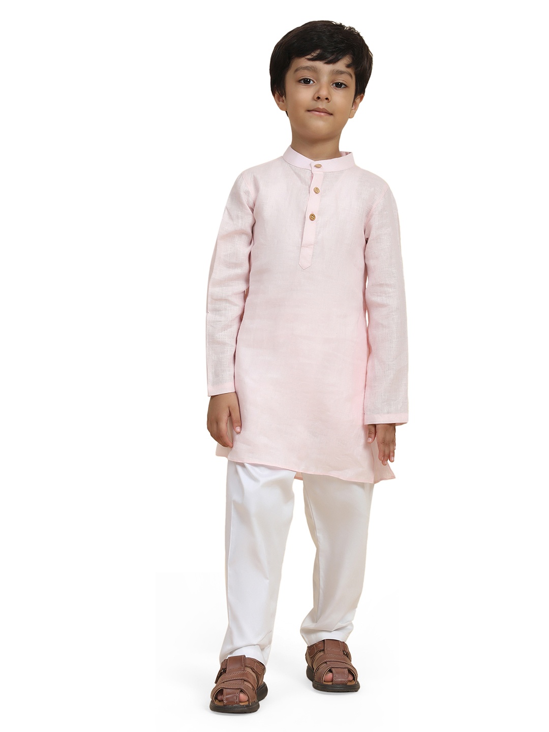 

BAESD Boys Band Collar Straight Linen Kurta With Pyjamas, Pink