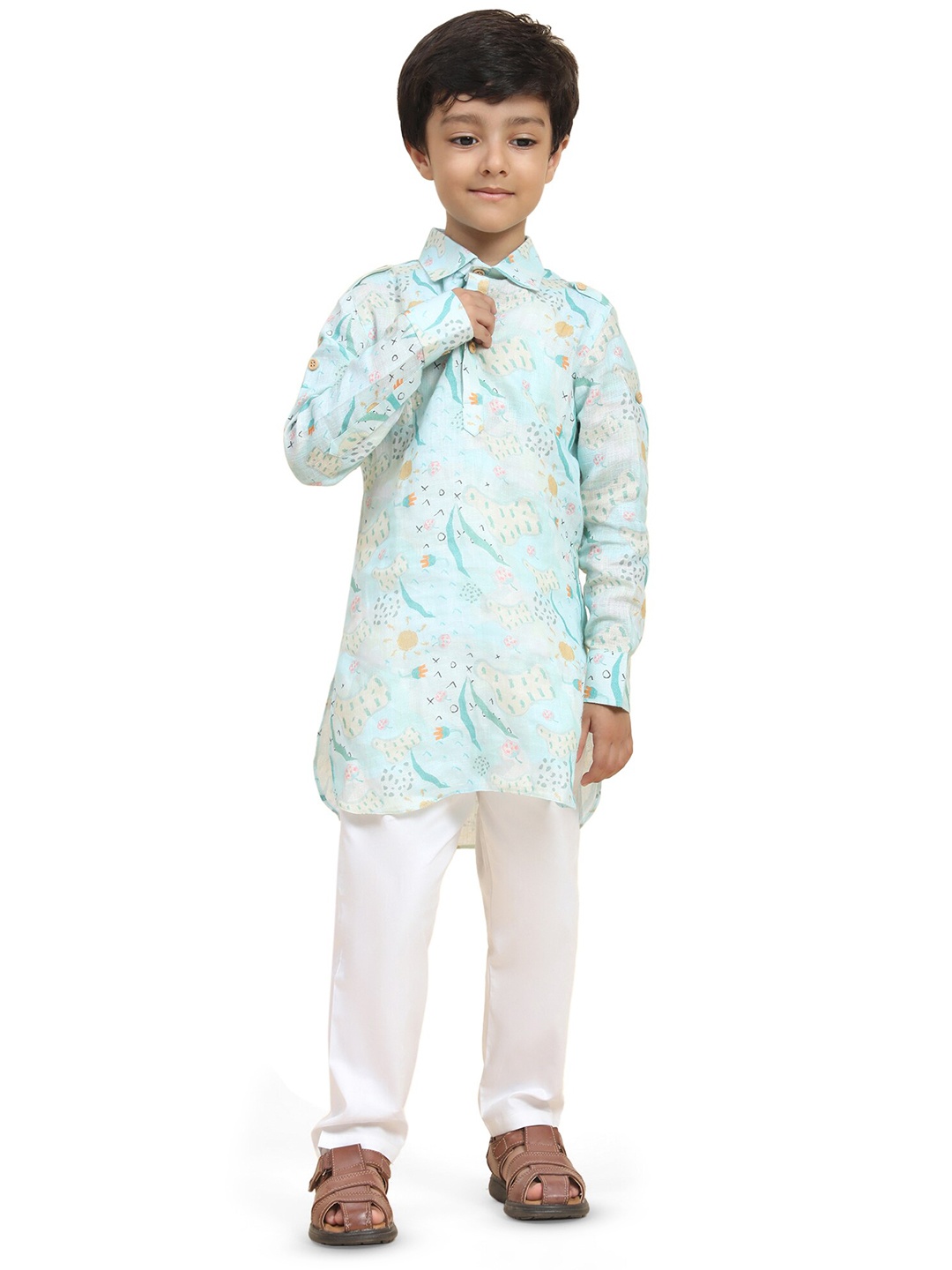 

BAESD Boys Shirt Collar Long Sleeves Abstract Printed Linen Straight Kurta with Pyjamas, Blue