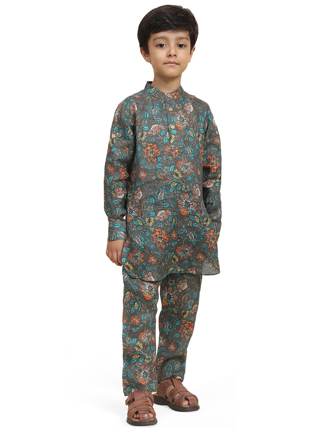 

BAESD Boys Band Collar Long Sleeves Floral Printed Regular Linen Kurta with Pyjamas, Grey