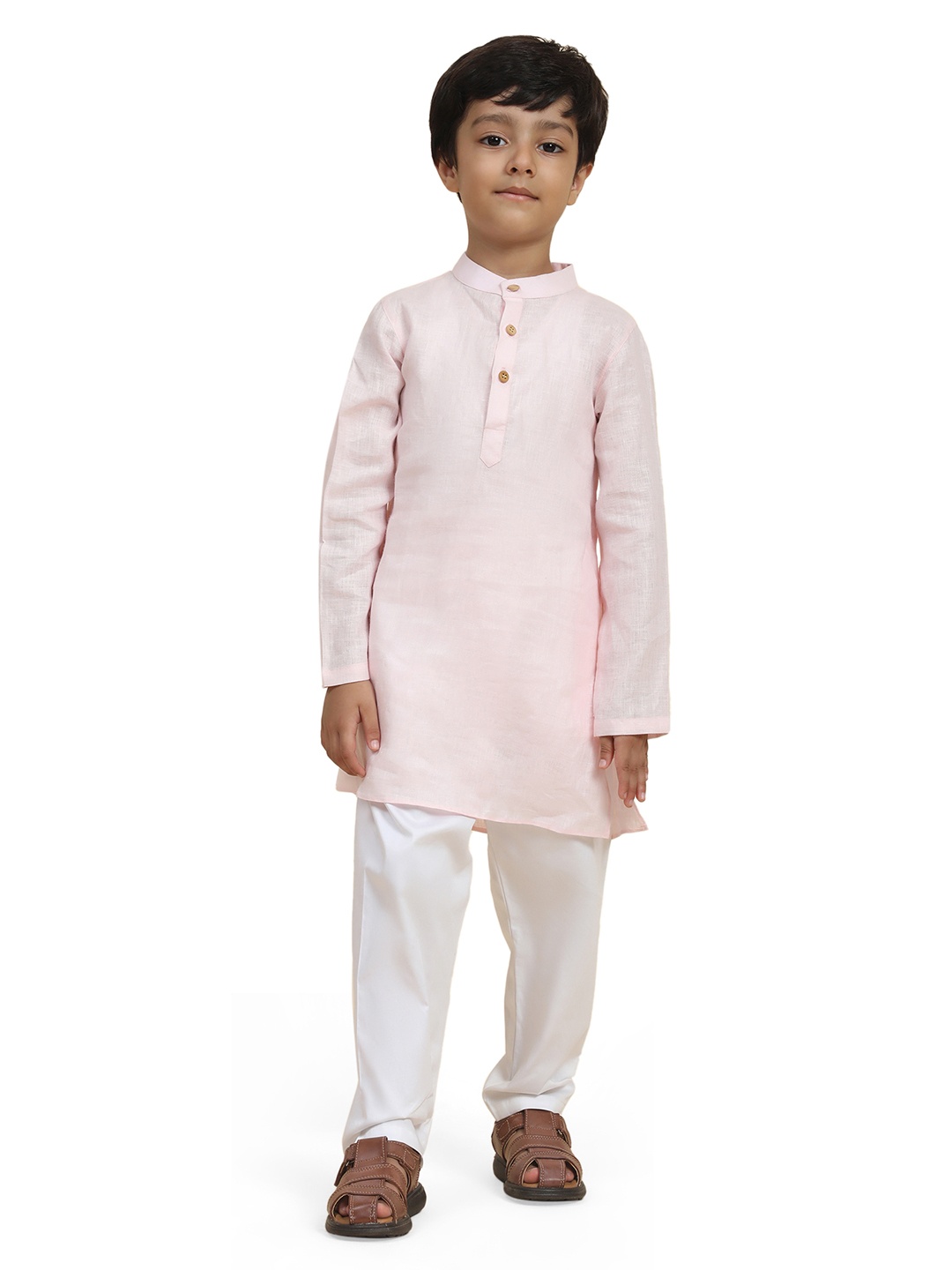 

BAESD Boys Mandarin Collar Linen Straight Kurta With Pyjama, Pink