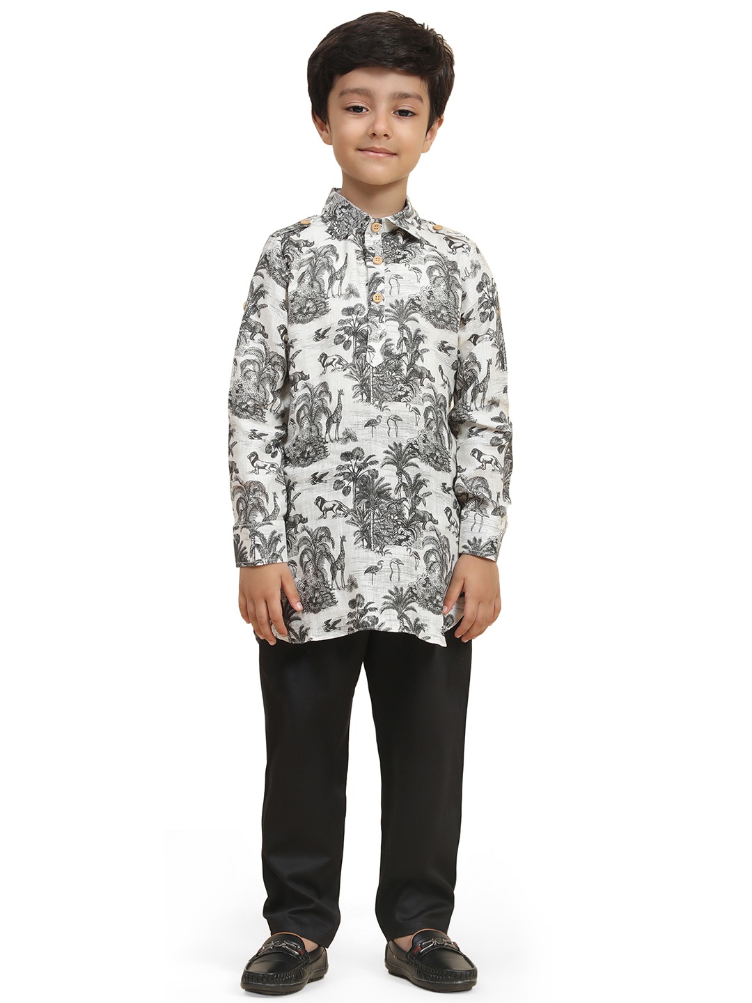 

BAESD Boys Shirt collar long sleeves Printed Regular Linen Kurta with Pyjamas, Grey