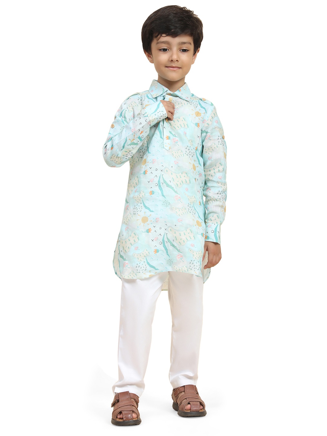 

BAESD Boys Quirky Printed Shirt Collar Straight Linen Kurta with Pyjamas, Blue