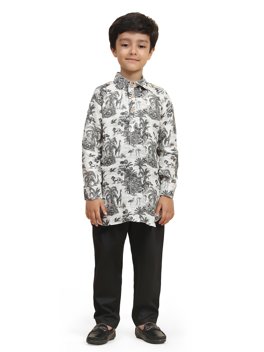 

BAESD Boys Floral Printed Shirt Collar Straight Linen Kurta With Pyjamas, White