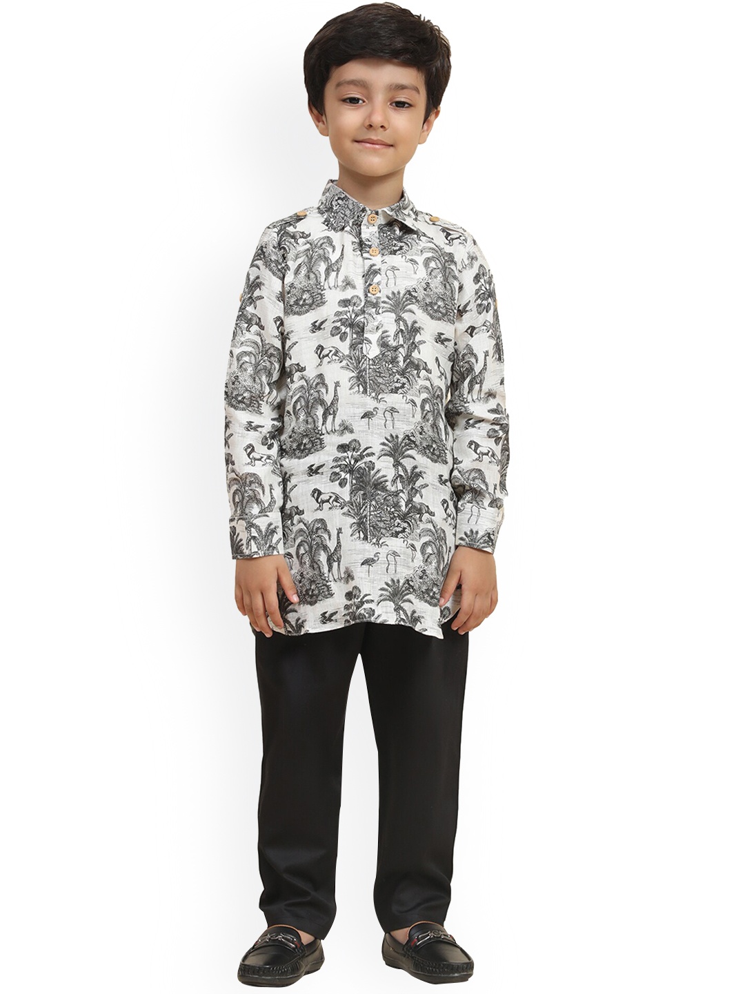 BAESD Boys Floral Printed Straight Curved Kurta with Pyjama, Grey