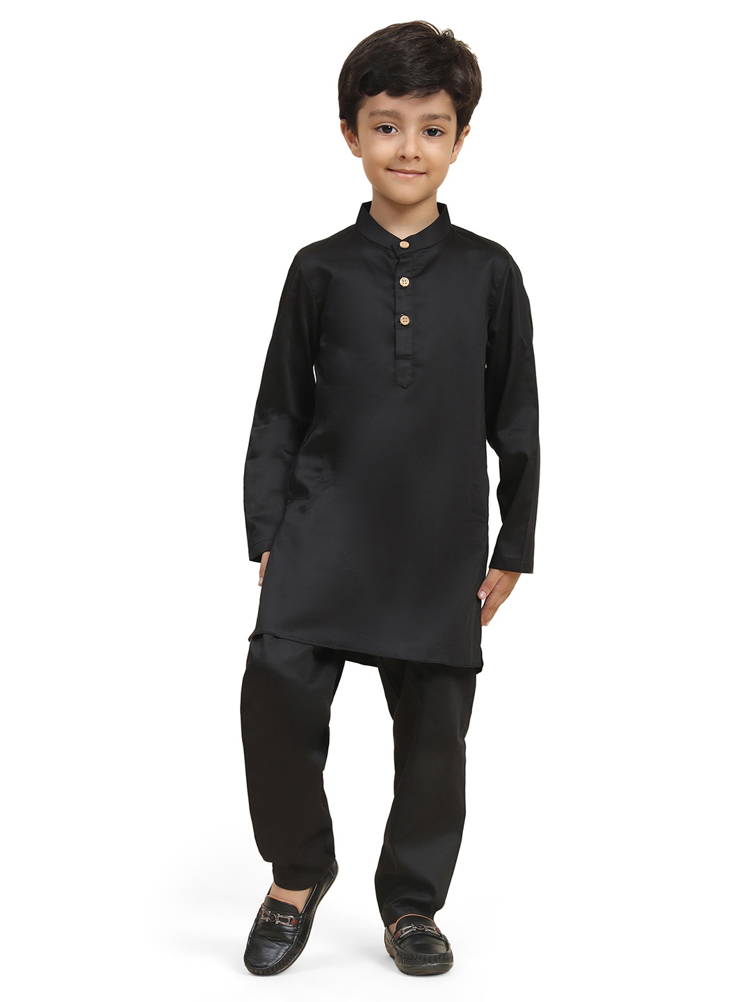 

BAESD Boys Band Collar Straight Linen Kurta With Pyjamas, Black