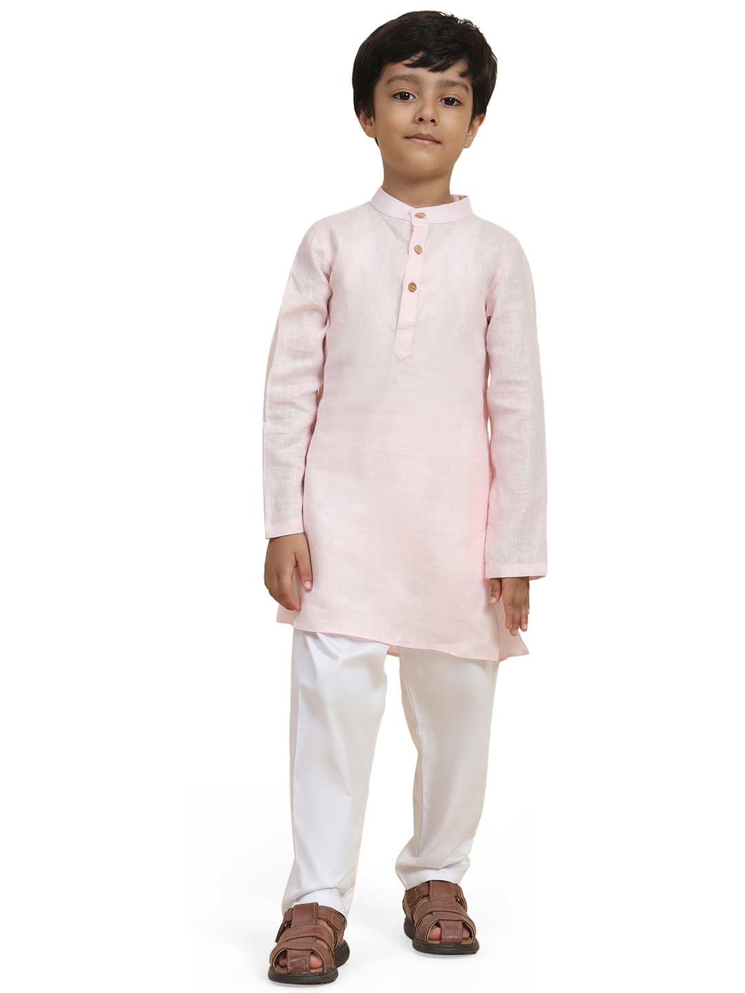 

BAESD Boys Band Collar Long Sleeves Regular Linen Kurta with Pyjamas, Pink