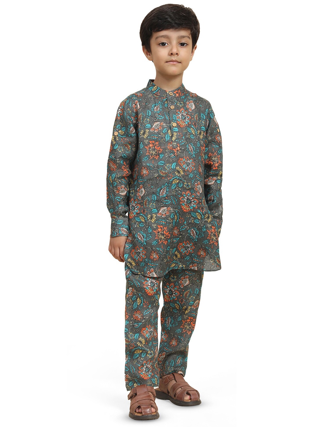 

BAESD Boys Band Collar Long Sleeves Printed Regular Linen Kurta with Pyjamas, Grey