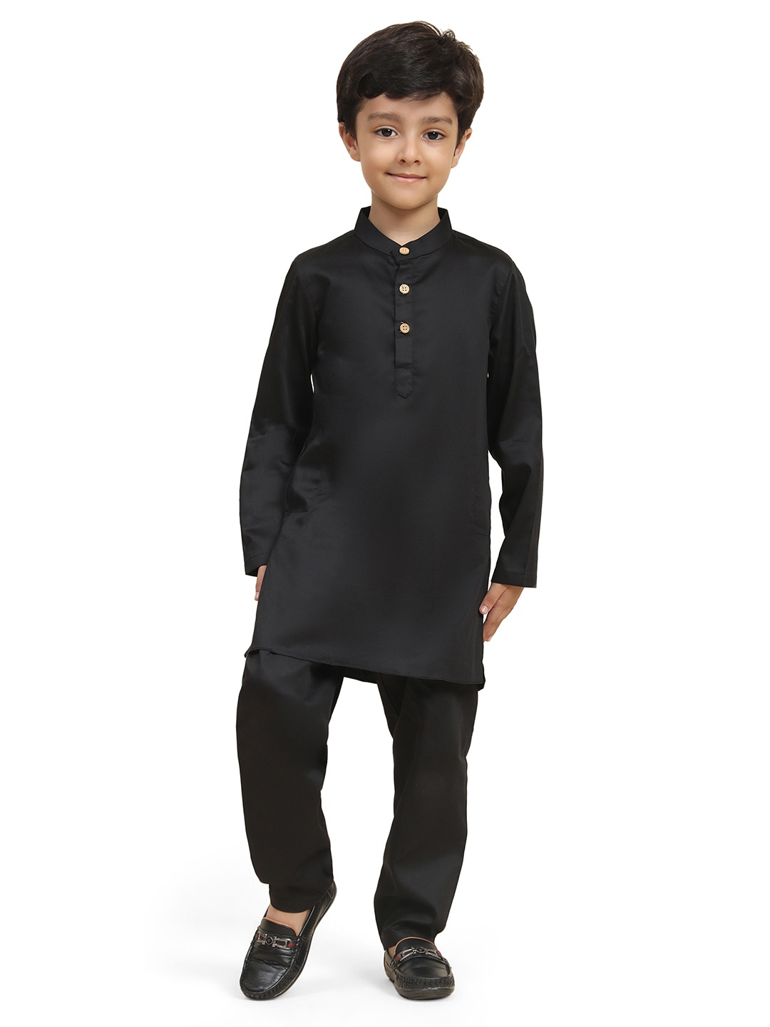 

BAESD Boys Band Collar Long Sleeves Regular Linen Kurta with Pyjamas, Black