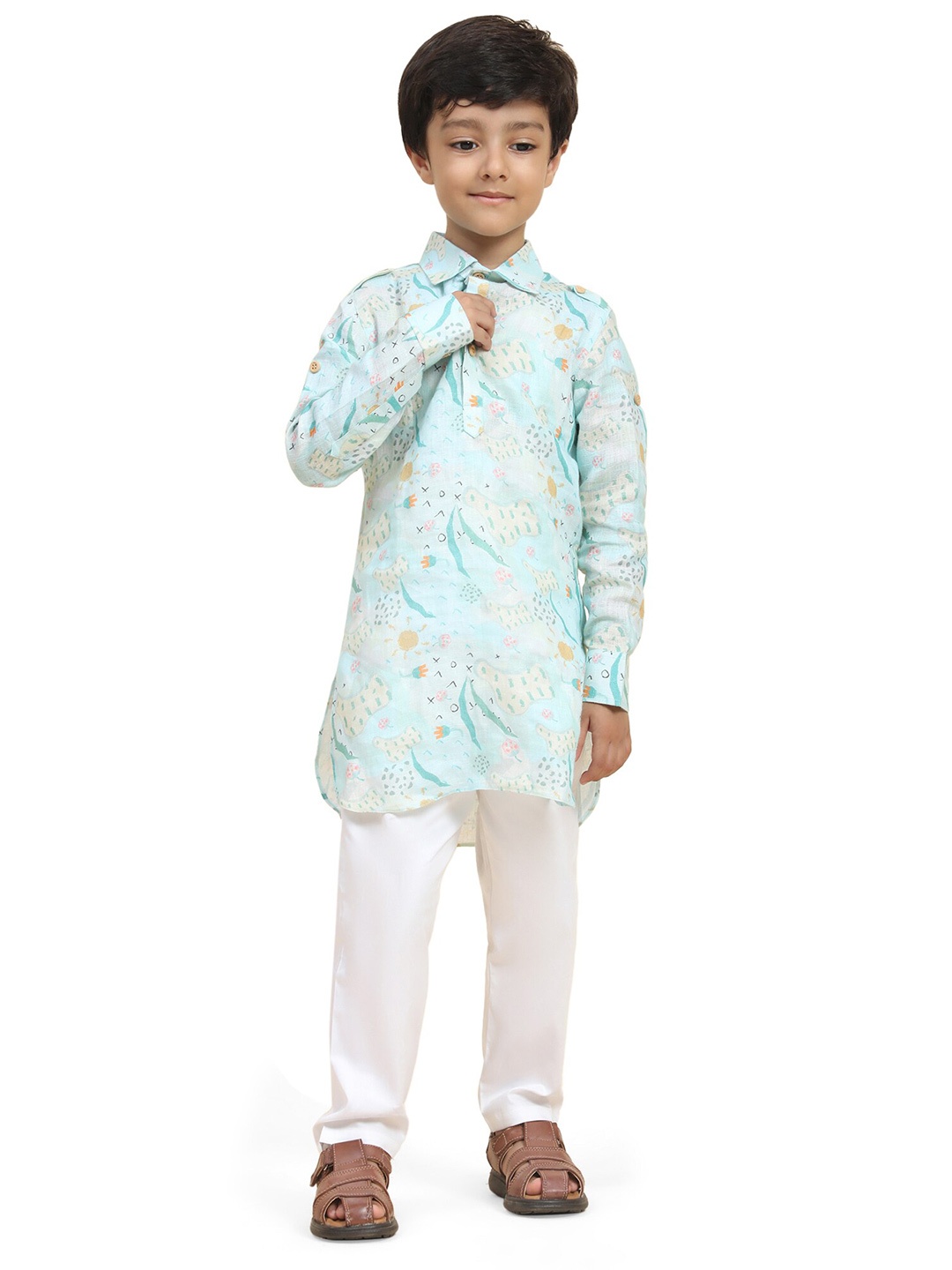 

BAESD Boys Shirt Collar Long Sleeves Printed Regular Linen Kurta with Pyjamas, Blue