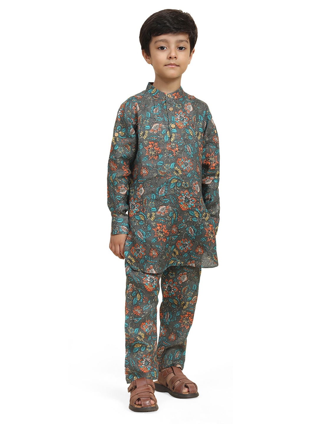 

BAESD Boys Floral Printed Straight Linen Kurta with Pyjama, Grey